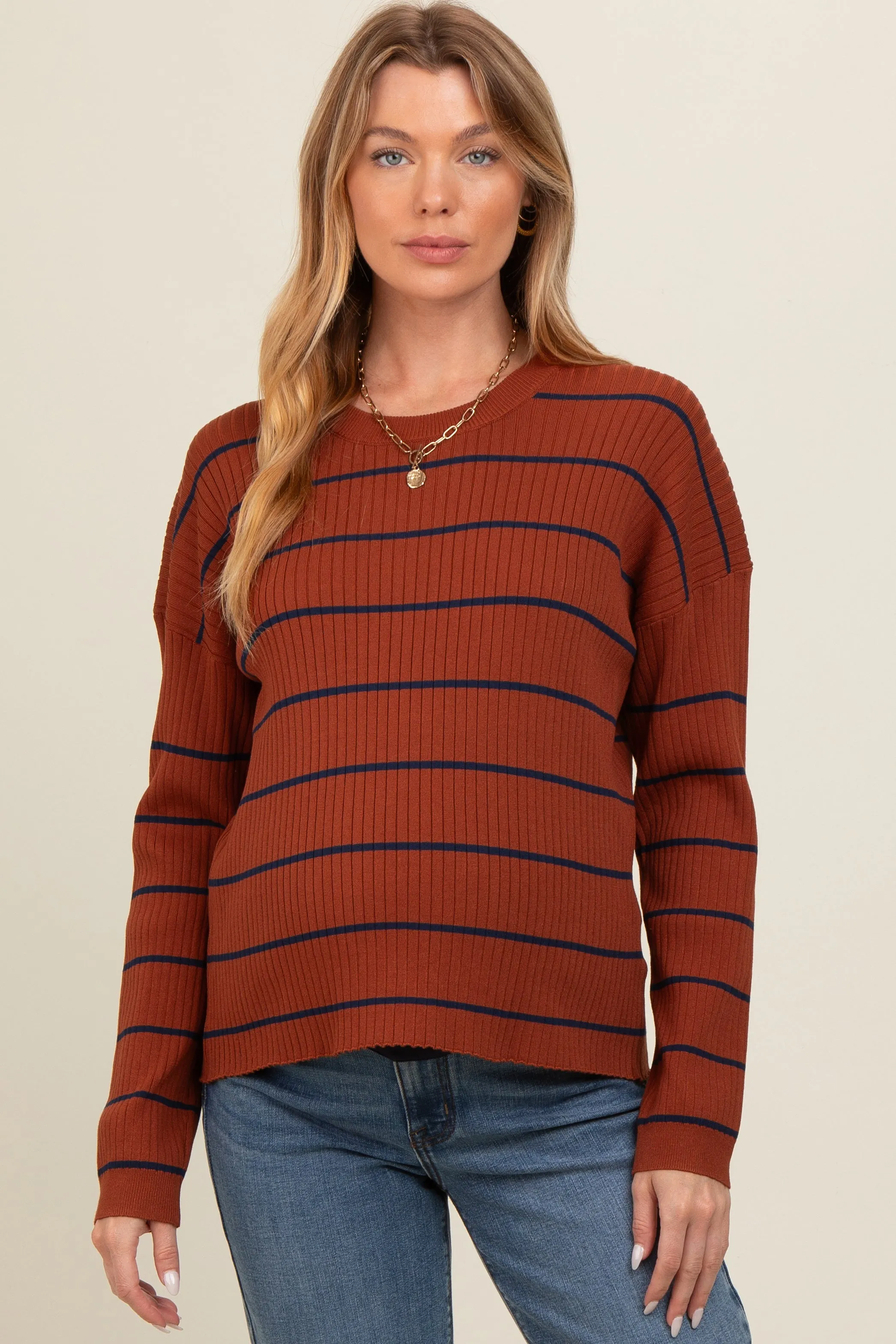 Rust Striped Ribbed Knit Long Sleeve Maternity Top sold by Pinkblush product image thumbnail 2