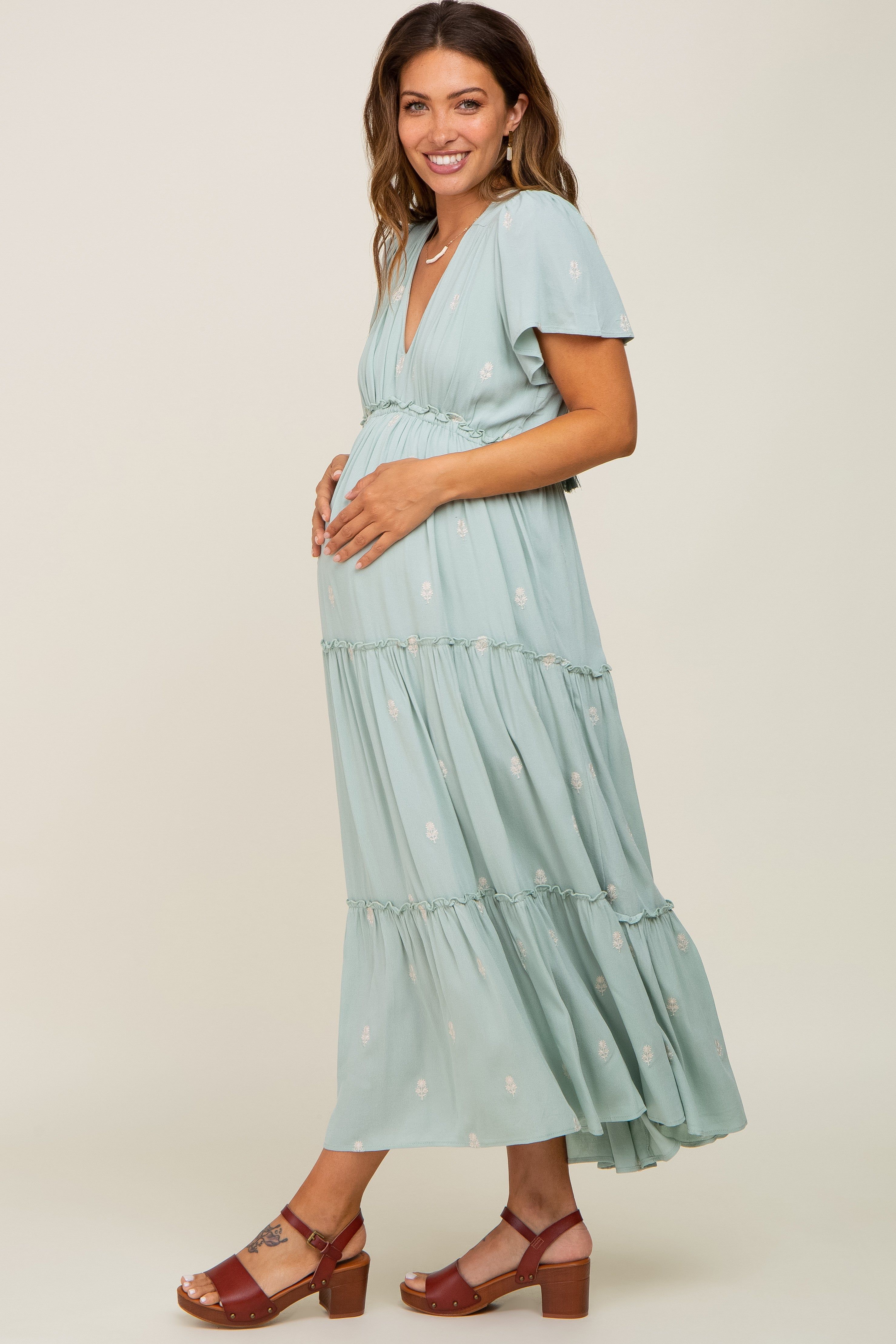 Mint Green Floral Embroidered Tiered Maternity Maxi Dress sold by Pinkblush product image thumbnail 2