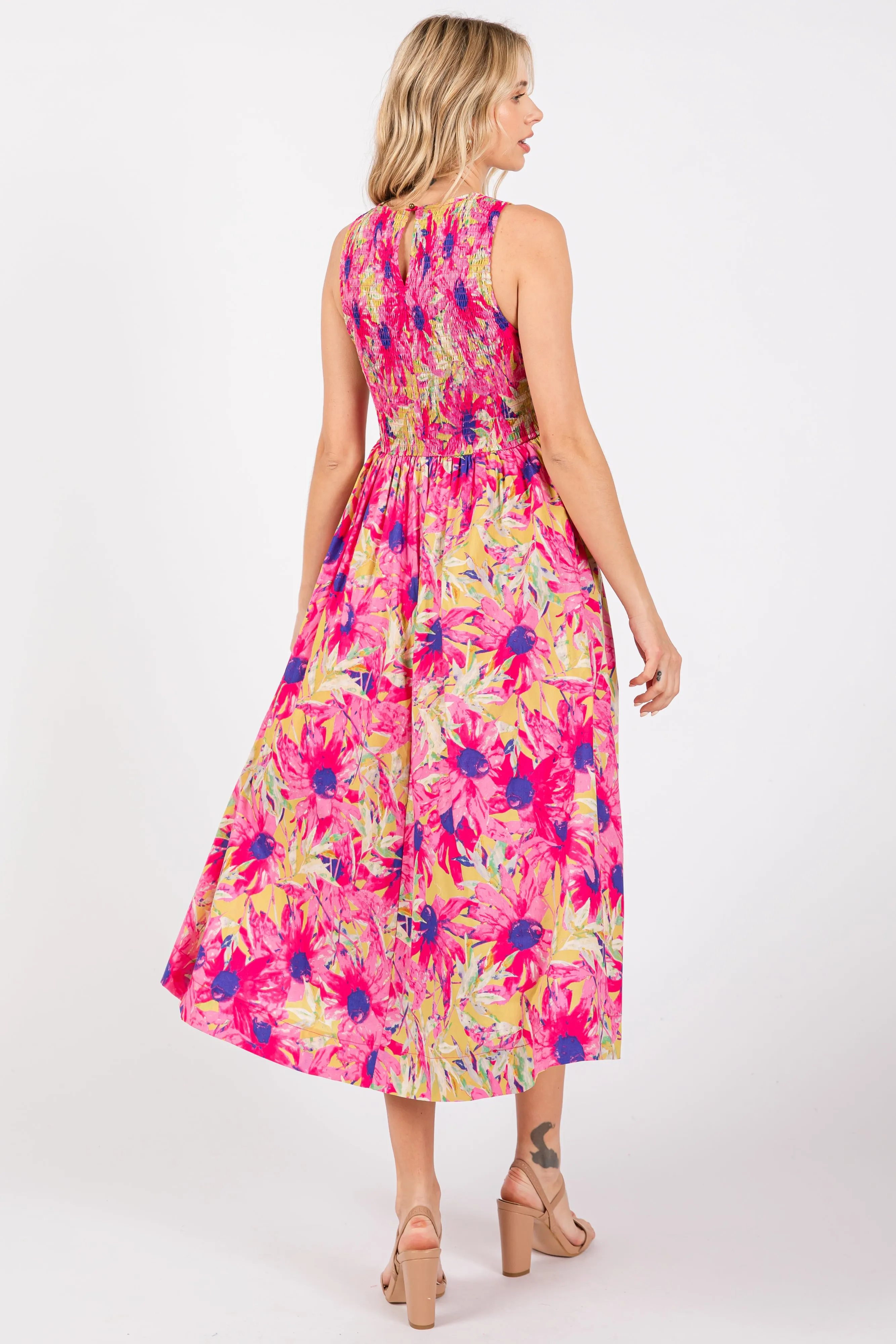 Pink Floral Sleeveless Smocked Back A-Line Midi Dress sold by Pinkblush product image thumbnail 3