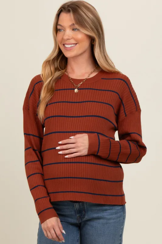 Rust Striped Ribbed Knit Long Sleeve Maternity Top sold by Pinkblush