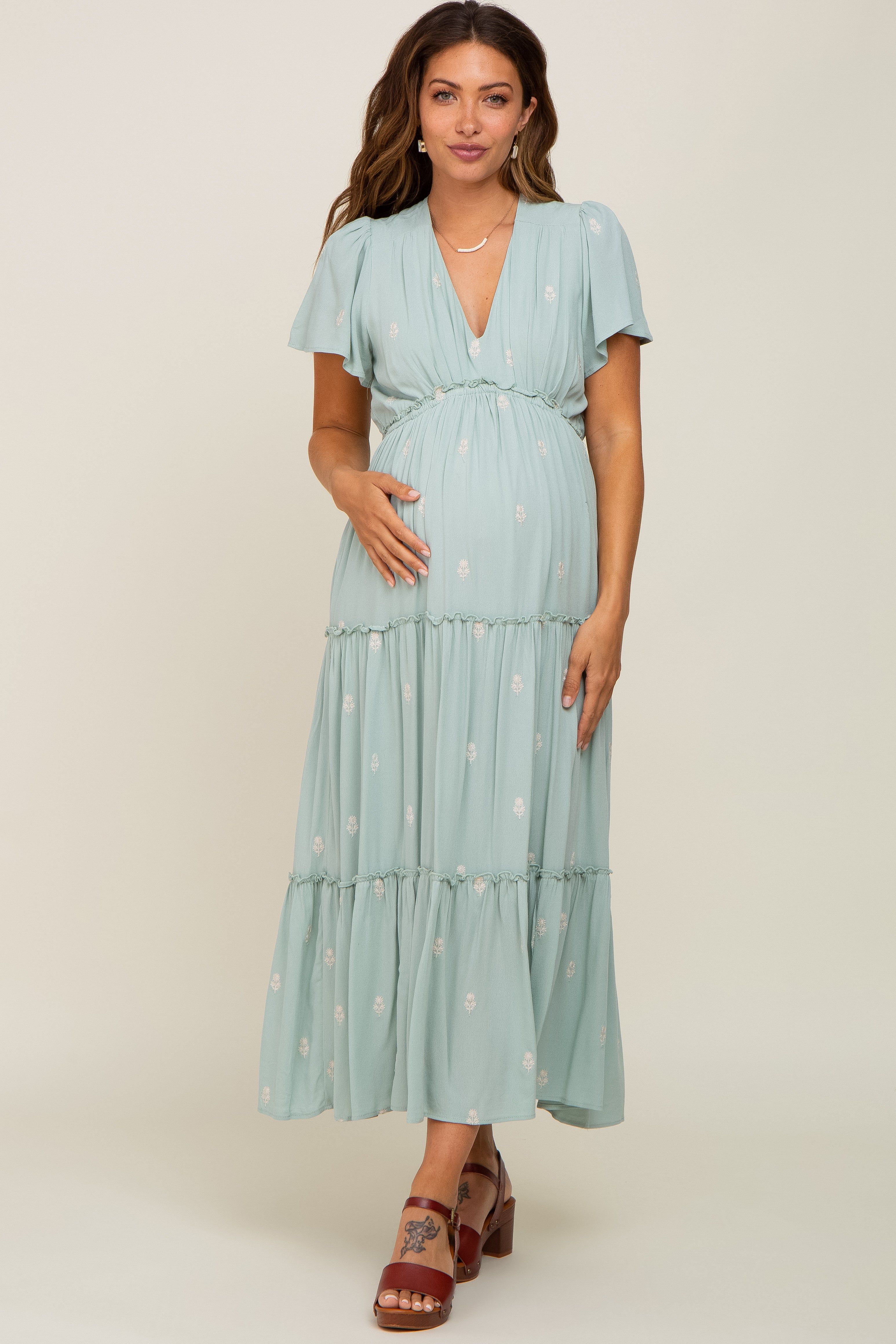 Mint Green Floral Embroidered Tiered Maternity Maxi Dress sold by Pinkblush product image thumbnail 4