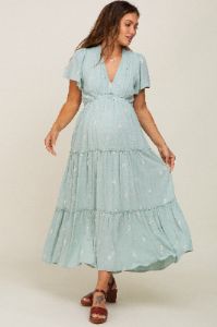 Mint Green Floral Embroidered Tiered Maternity Maxi Dress sold by Pinkblush