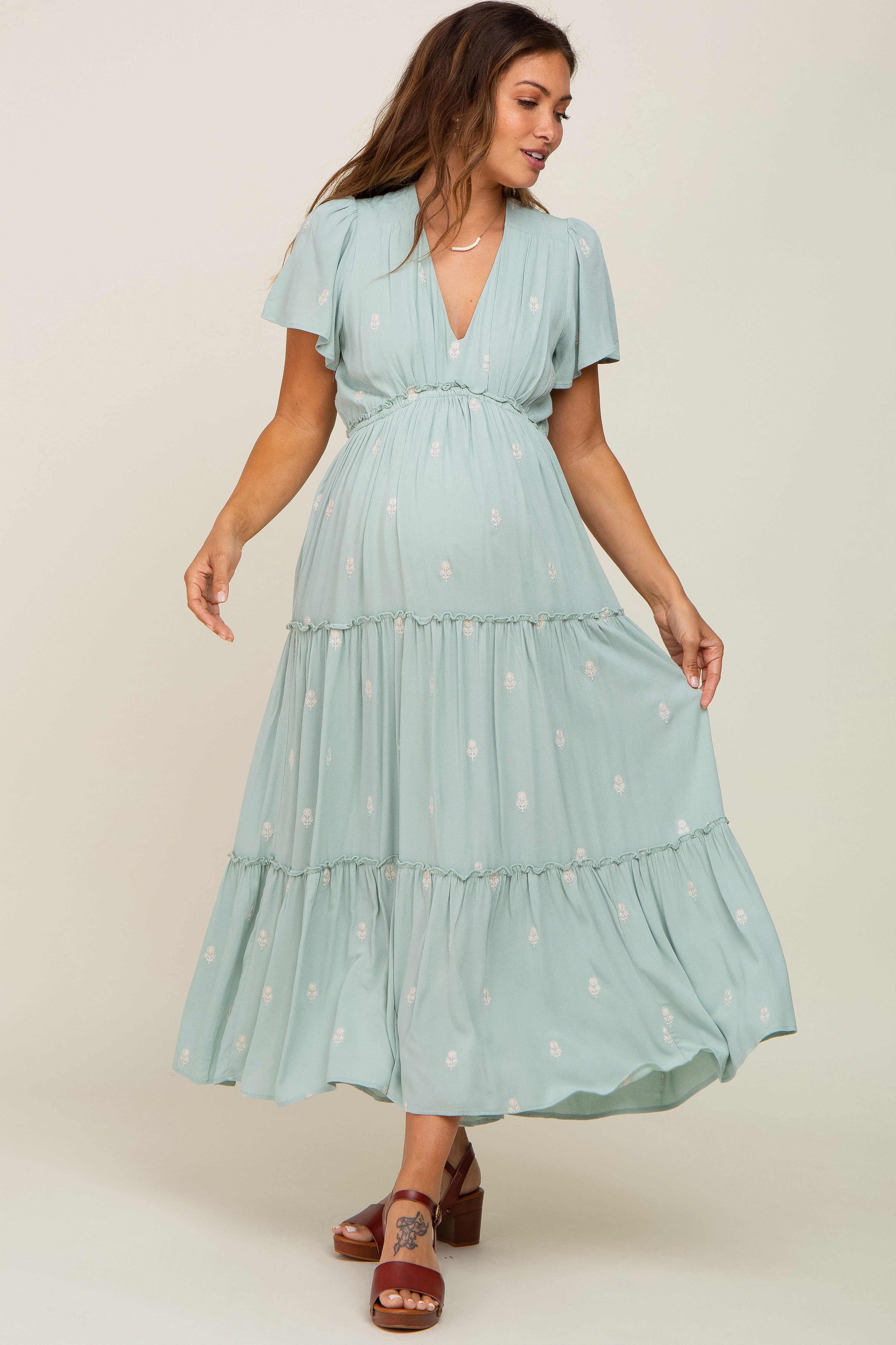 Mint Green Floral Embroidered Tiered Maternity Maxi Dress sold by Pinkblush