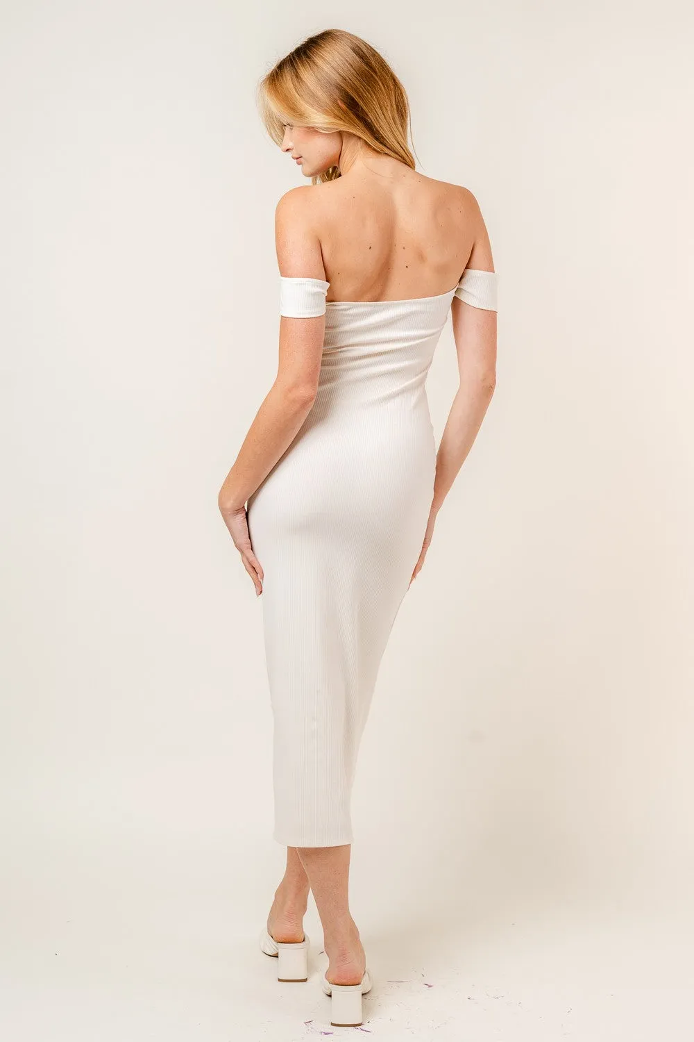 Off White Off The Shoulder Fit Knit Midi Dress sold by Pinkblush product image thumbnail 3