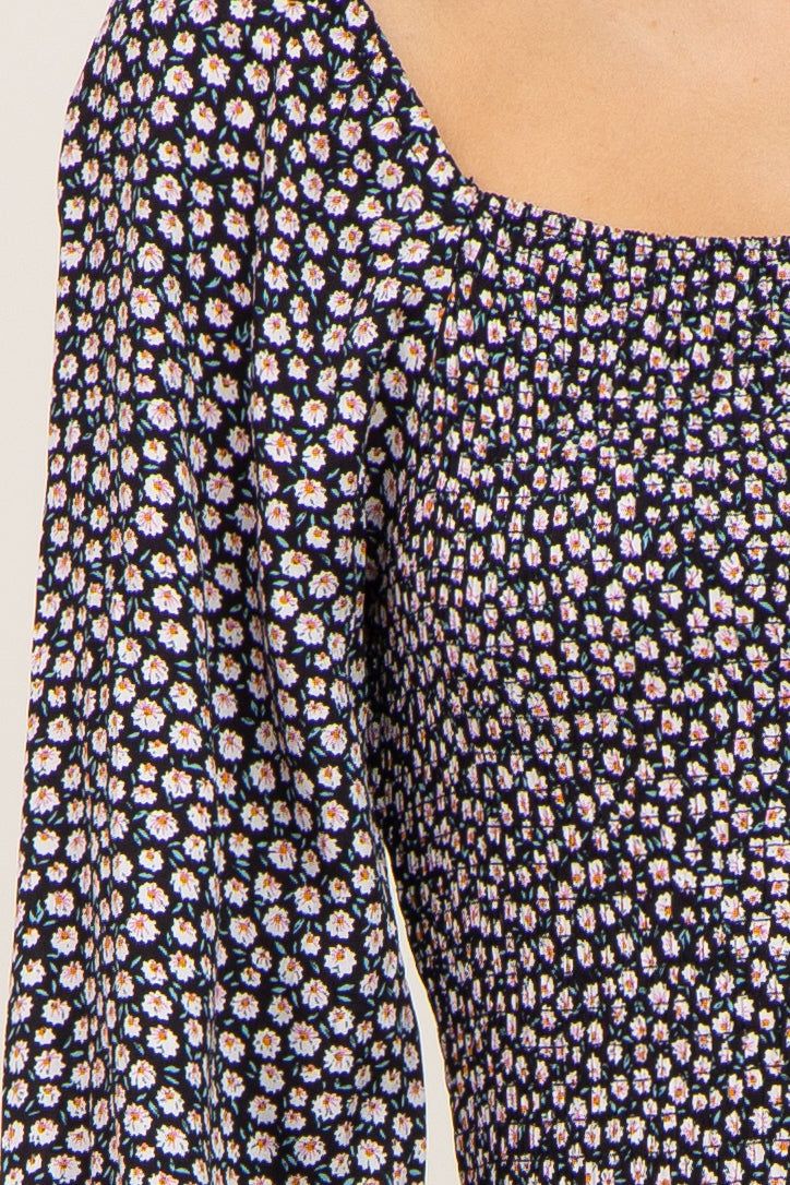 Black Ditsy Floral Smocked Long Sleeve Mini Dress sold by Pinkblush product image thumbnail 4