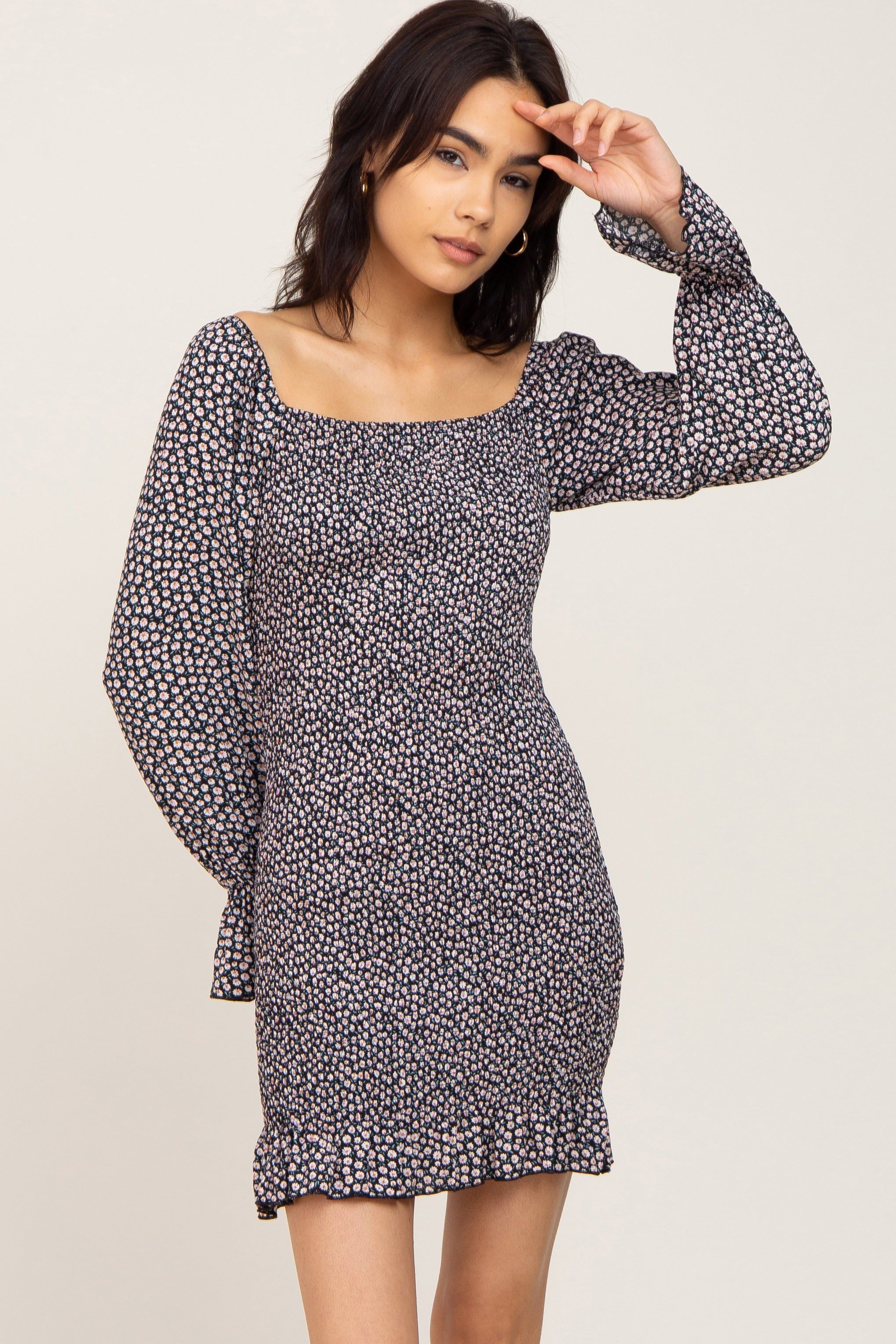 Black Ditsy Floral Smocked Long Sleeve Mini Dress sold by Pinkblush