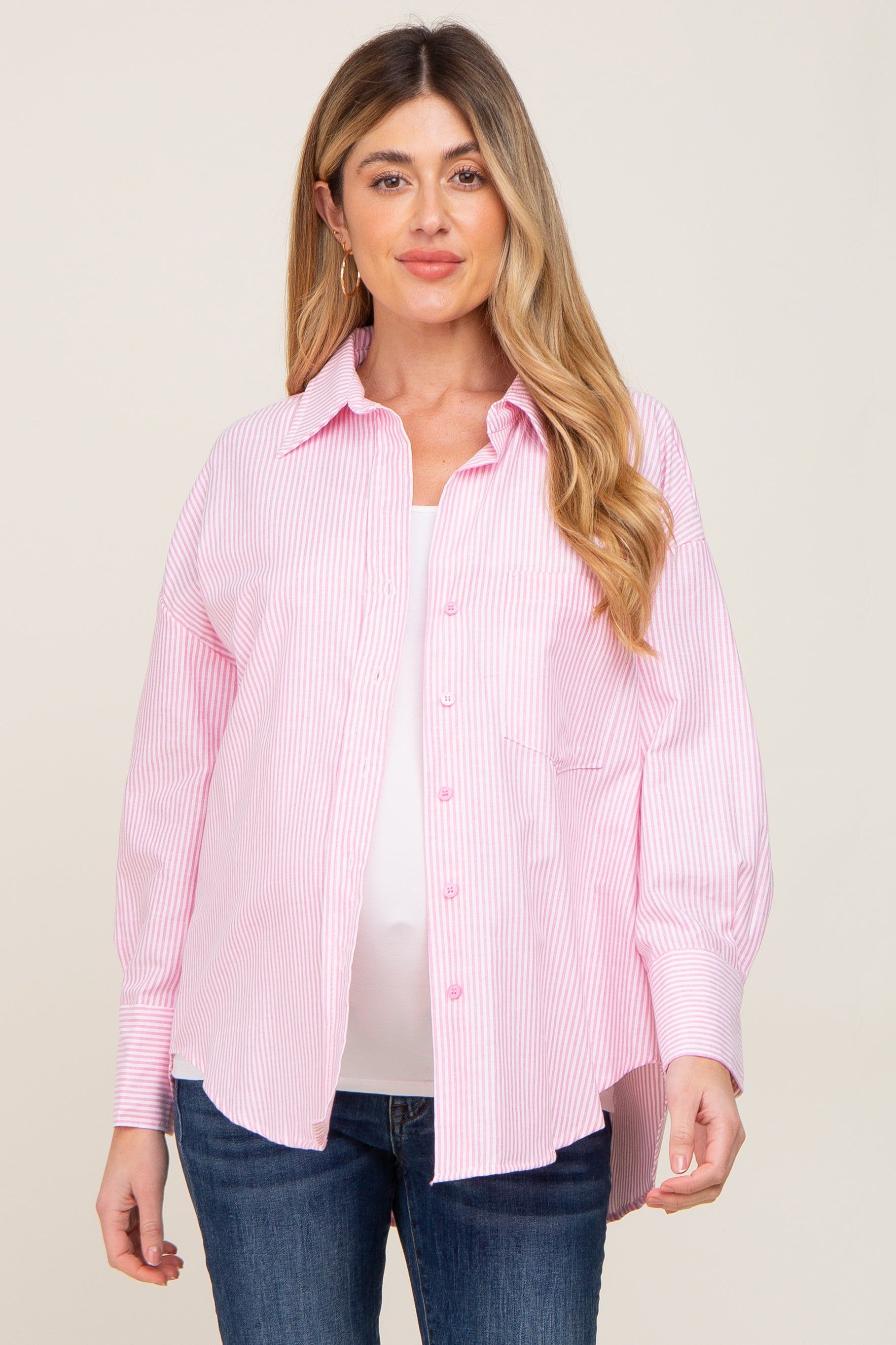 Pink Striped Button Down Front Pocket Maternity Top sold by Pinkblush