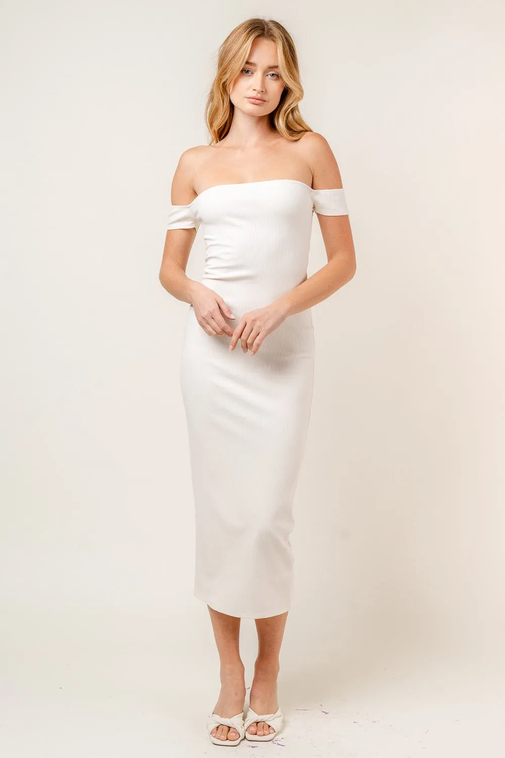 Off White Off The Shoulder Fit Knit Midi Dress sold by Pinkblush