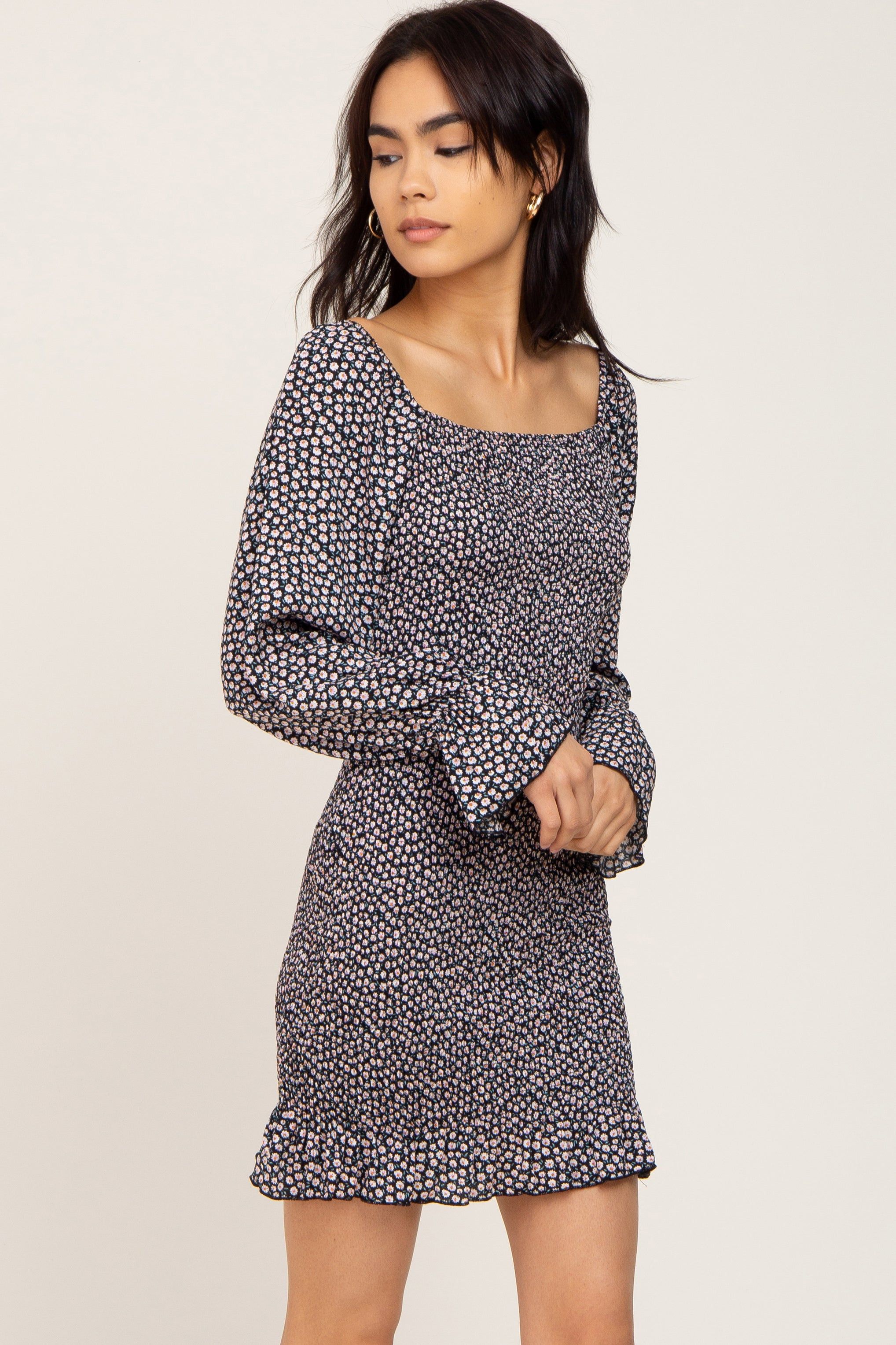 Black Ditsy Floral Smocked Long Sleeve Mini Dress sold by Pinkblush product image thumbnail 2