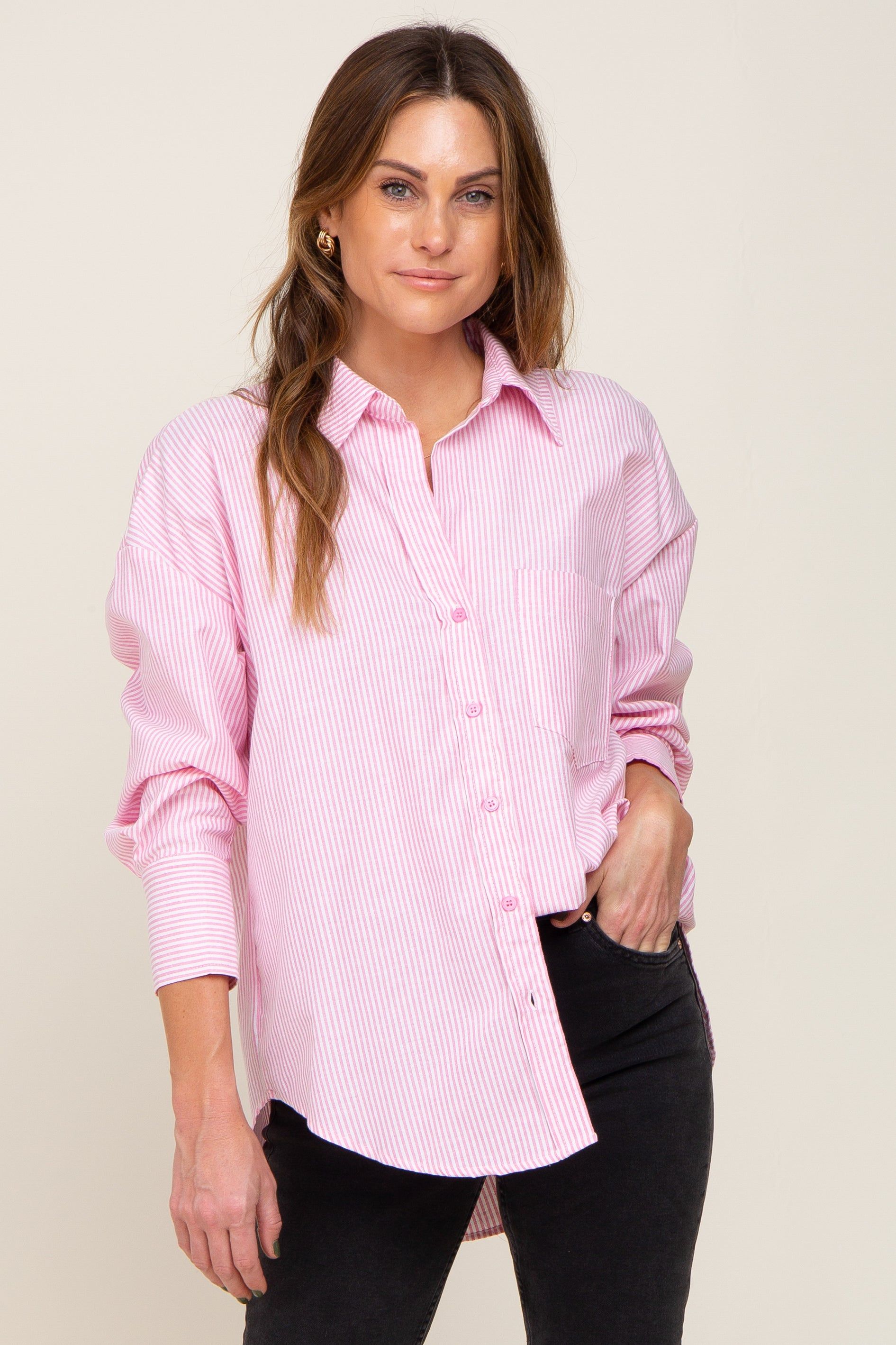 Pink Striped Button Down Front Pocket Maternity Top sold by Pinkblush product image thumbnail 5
