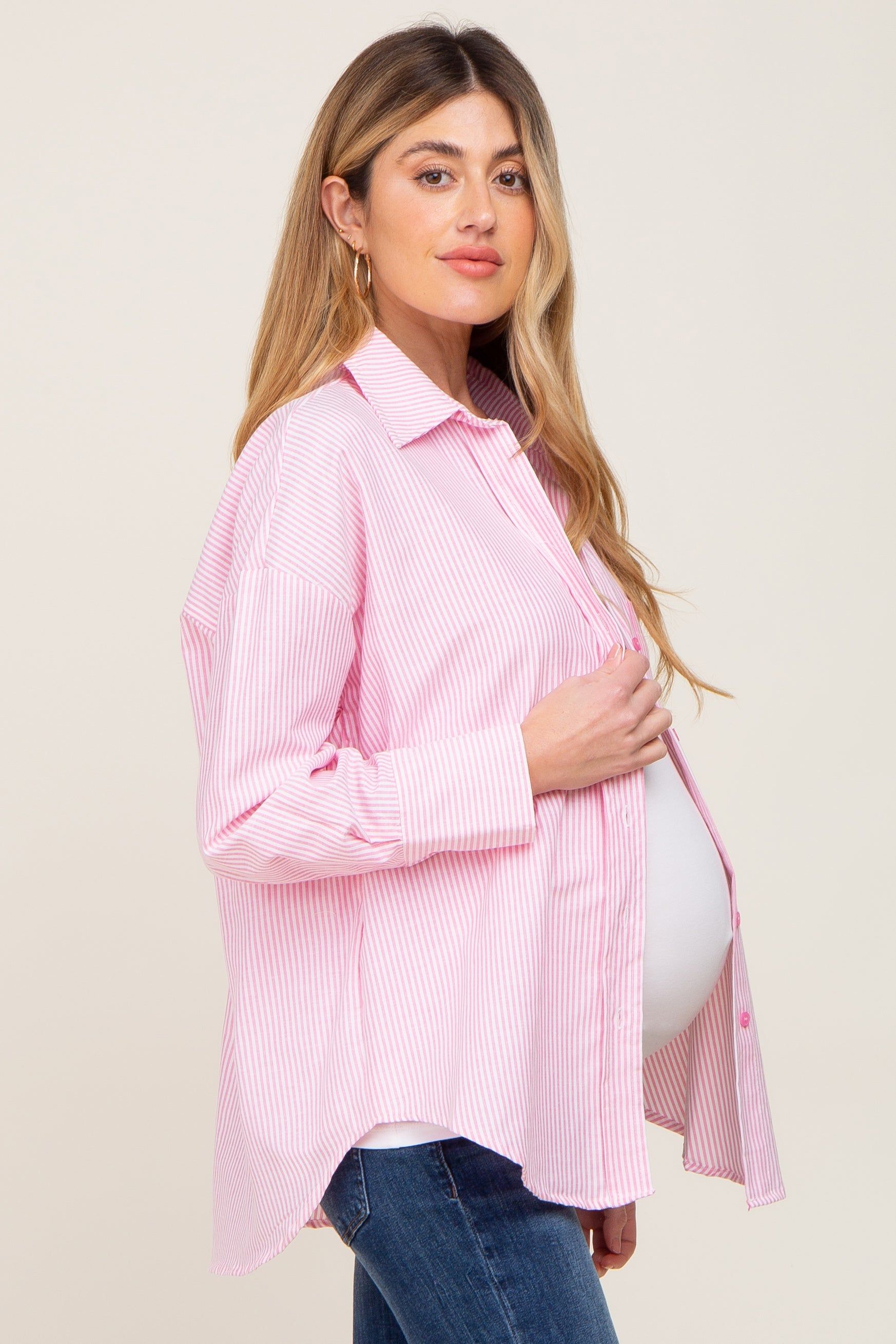 Pink Striped Button Down Front Pocket Maternity Top sold by Pinkblush product image thumbnail 2