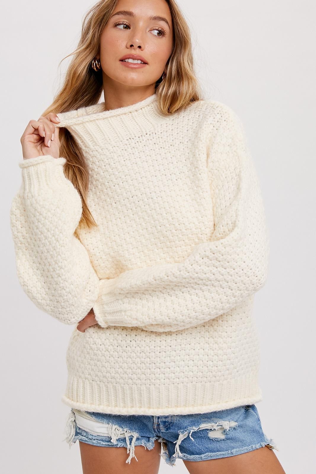 Cream Chunky Knit Mock Neck Sweater sold by Pinkblush