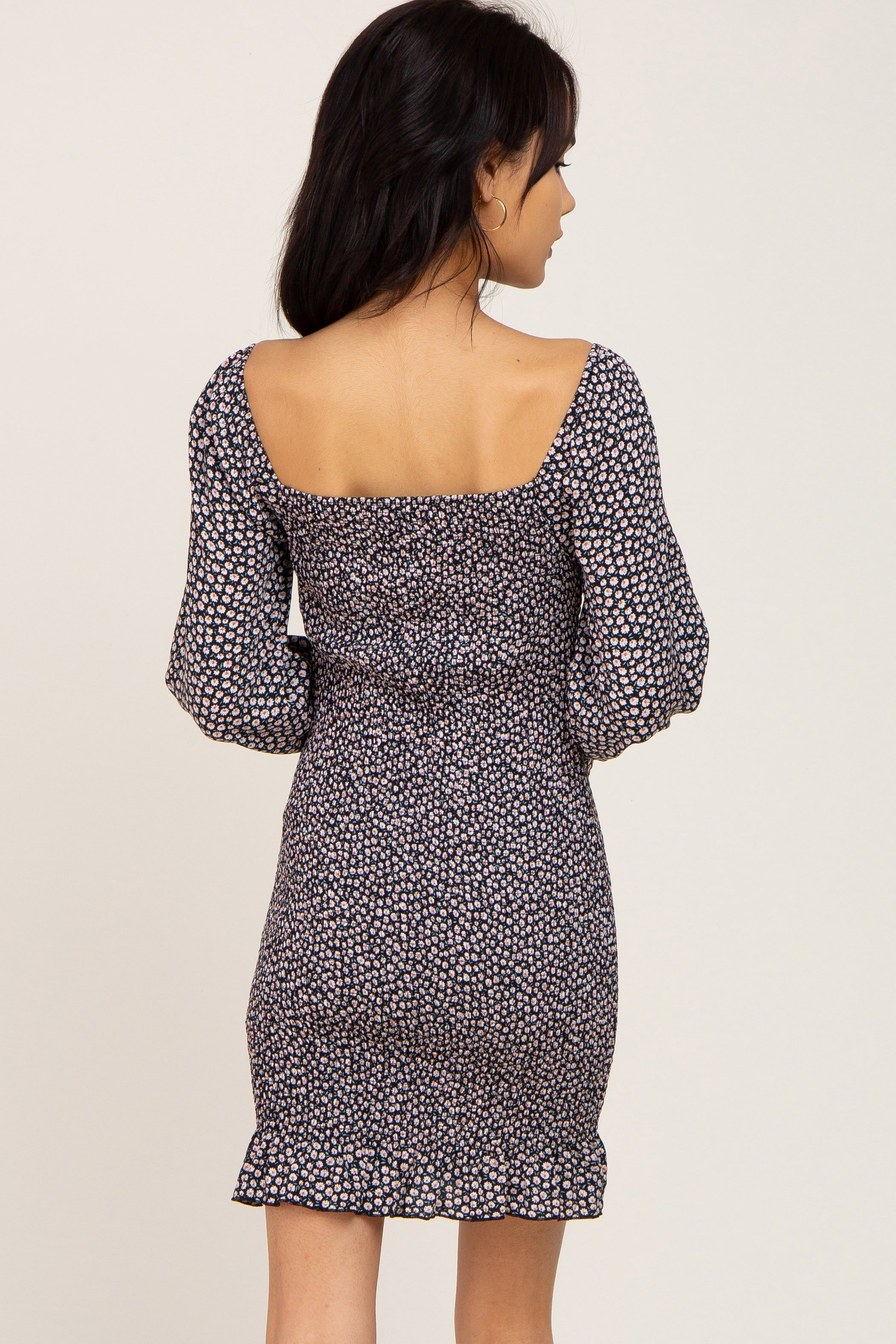 Black Ditsy Floral Smocked Long Sleeve Mini Dress sold by Pinkblush product image thumbnail 3