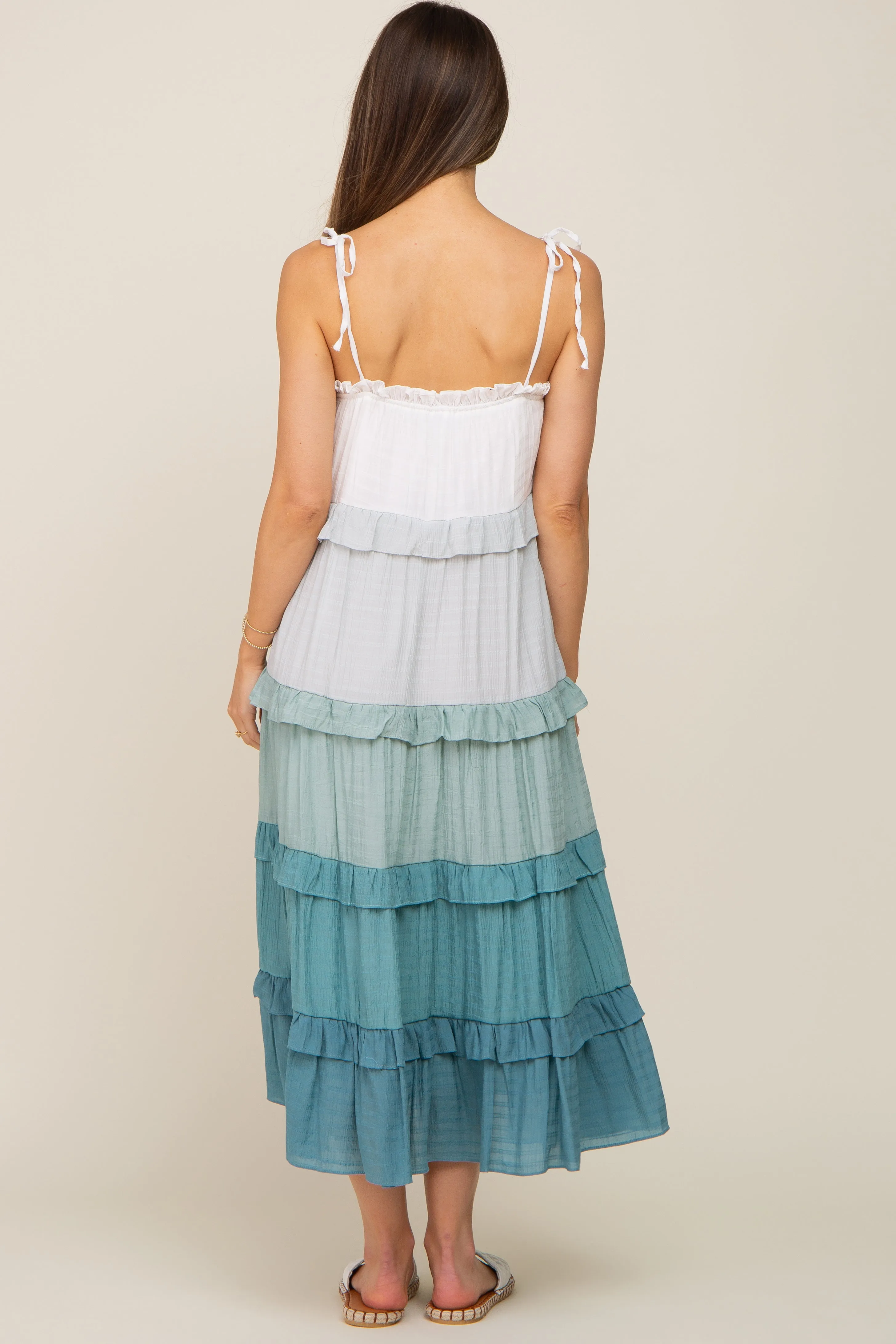 Blue Ombre Ruffle Tiered Shoulder Tie Maternity Midi Dress sold by Pinkblush product image thumbnail 3