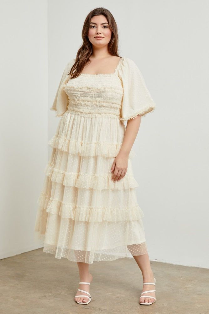 Cream Swiss Dot Smocked Tiered Plus Midi Dress sold by Pinkblush