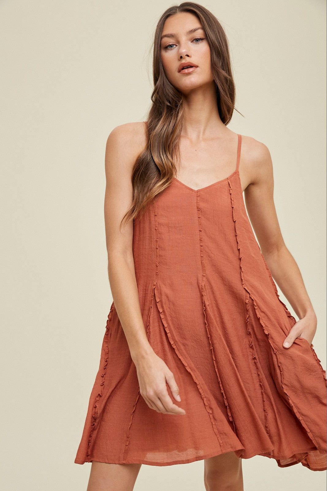 Brick Flared Mini Dress With Ruffle Detail sold by Pinkblush