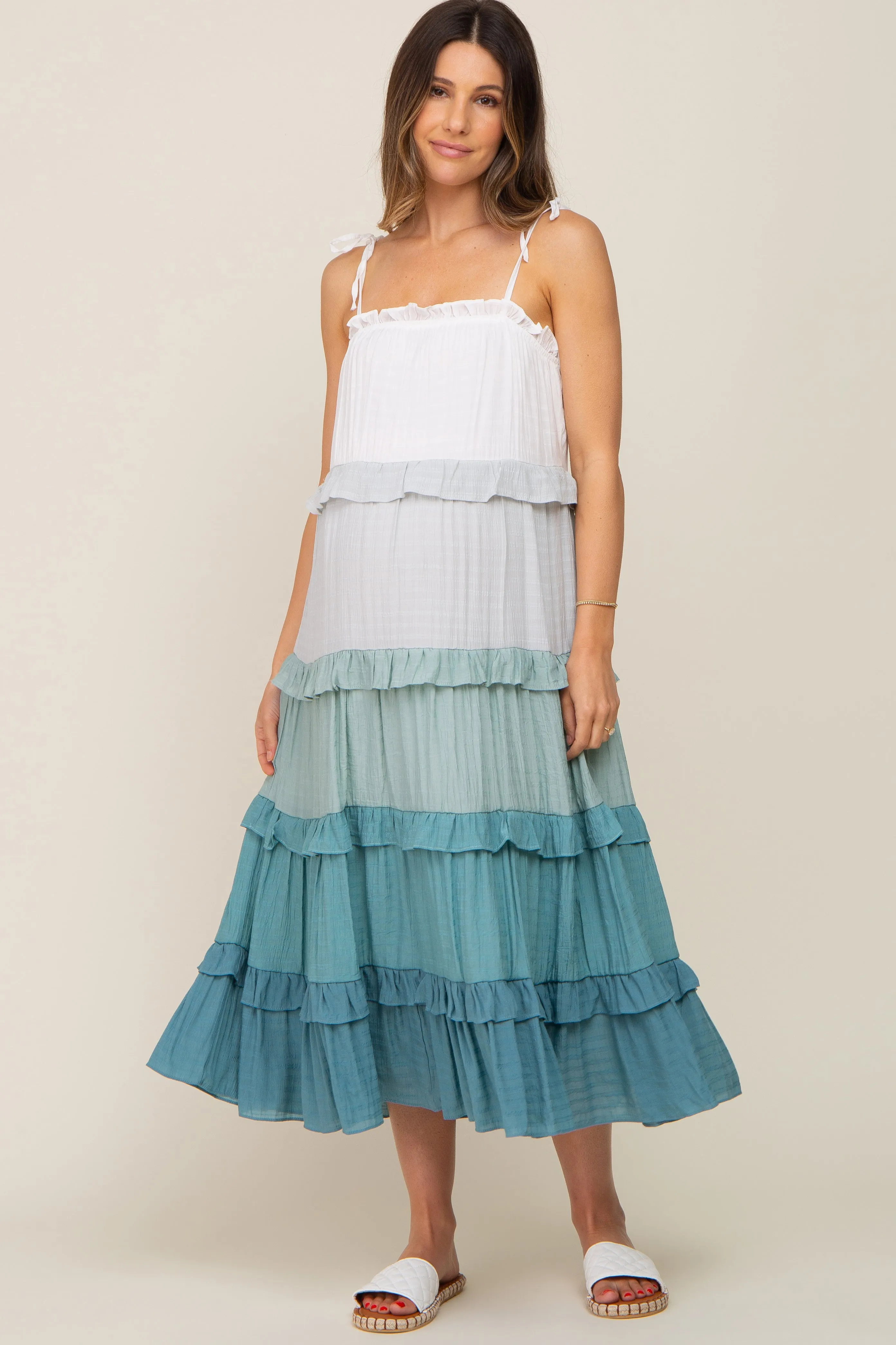Blue Ombre Ruffle Tiered Shoulder Tie Maternity Midi Dress sold by Pinkblush product image thumbnail 4