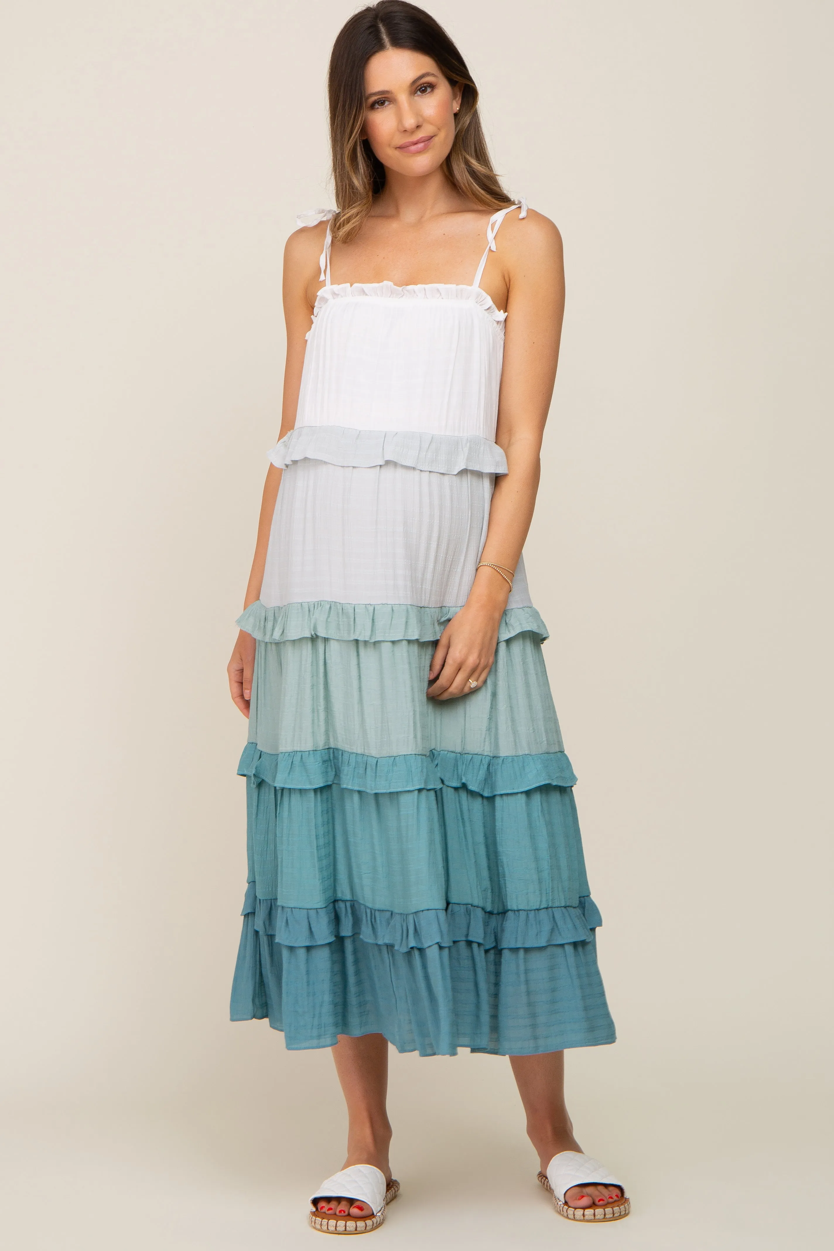 Blue Ombre Ruffle Tiered Shoulder Tie Maternity Midi Dress sold by Pinkblush