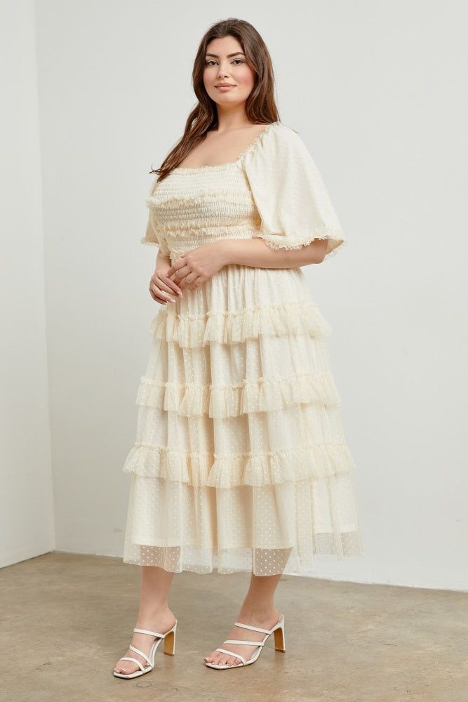 Cream Swiss Dot Smocked Tiered Plus Midi Dress sold by Pinkblush product image thumbnail 2