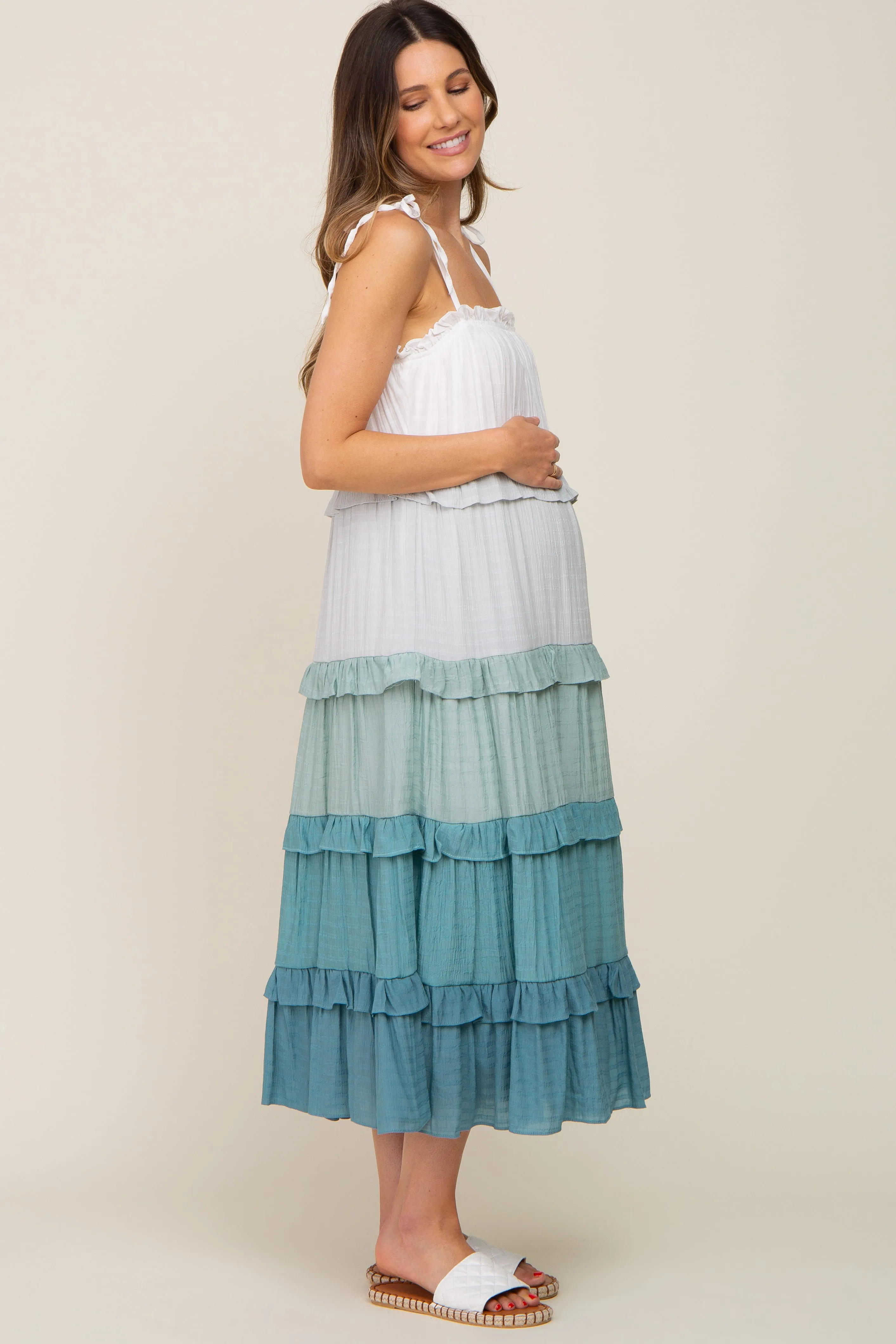 Blue Ombre Ruffle Tiered Shoulder Tie Maternity Midi Dress sold by Pinkblush product image thumbnail 2