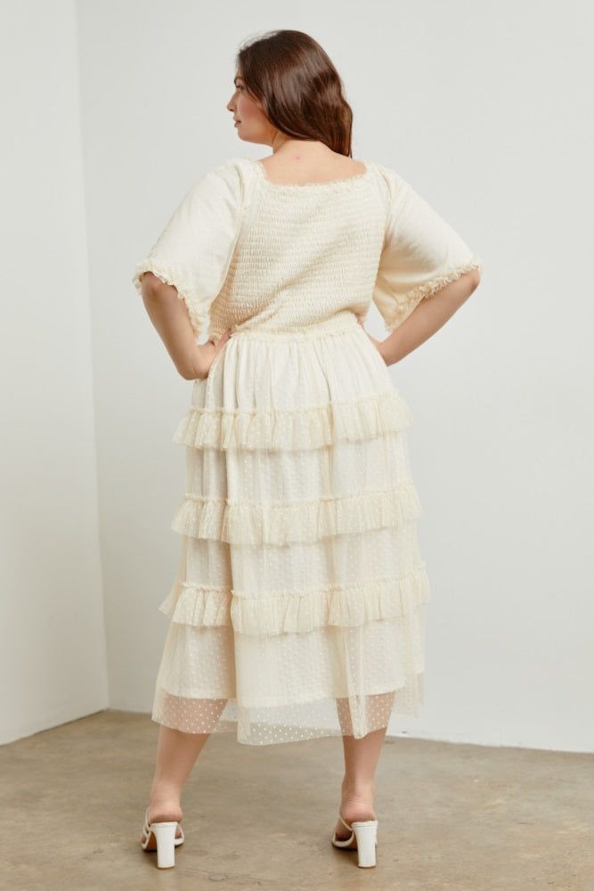 Cream Swiss Dot Smocked Tiered Plus Midi Dress sold by Pinkblush product image thumbnail 3
