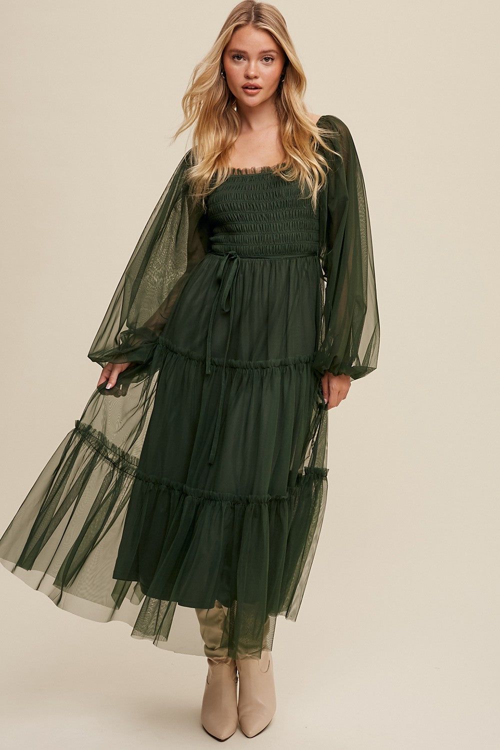 Green Mesh Tiered Long Sleeve Maxi Dress sold by Pinkblush product image thumbnail 2