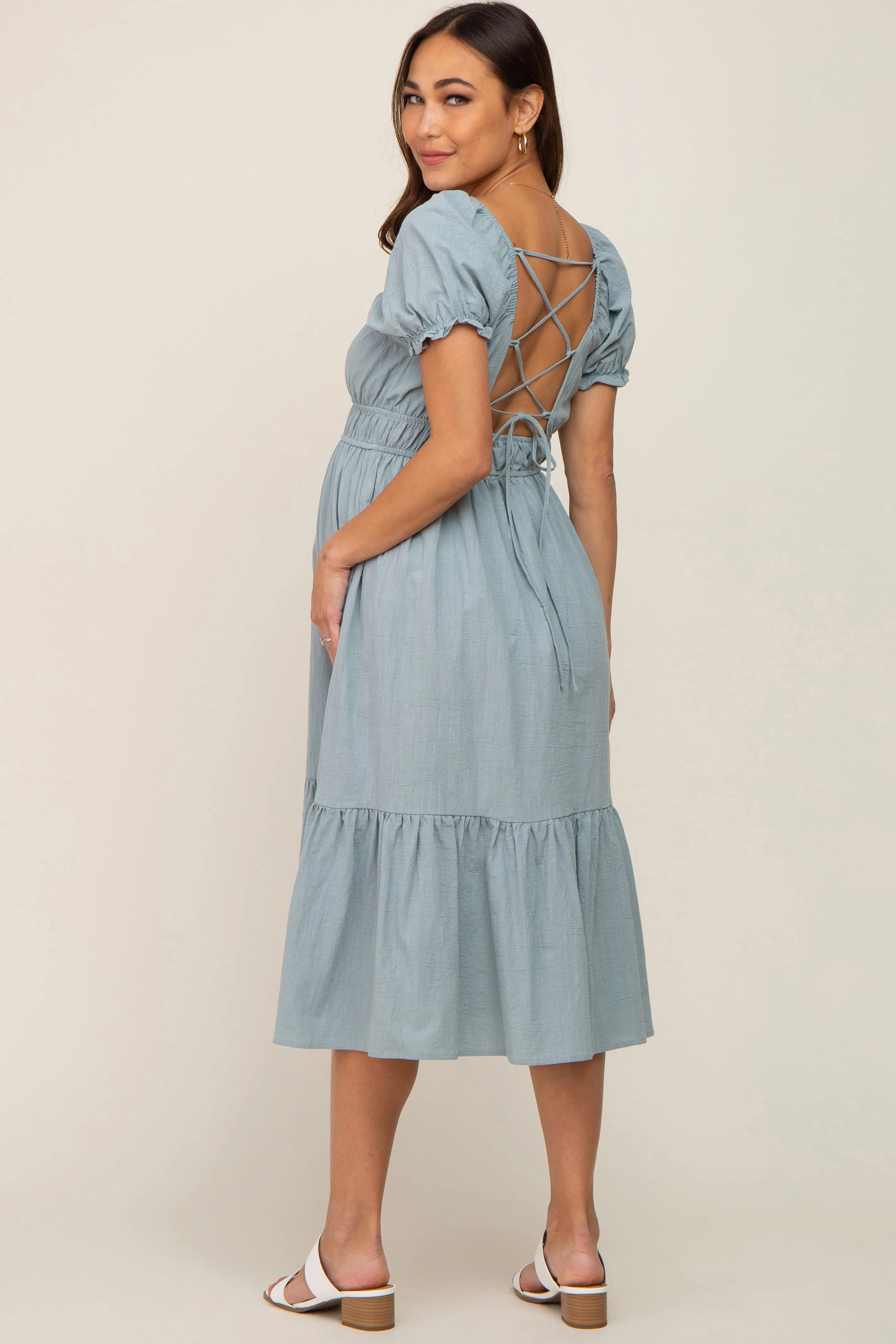 Mint Puff Sleeve Ruffle Hem Maternity Midi Dress sold by Pinkblush product image thumbnail 3