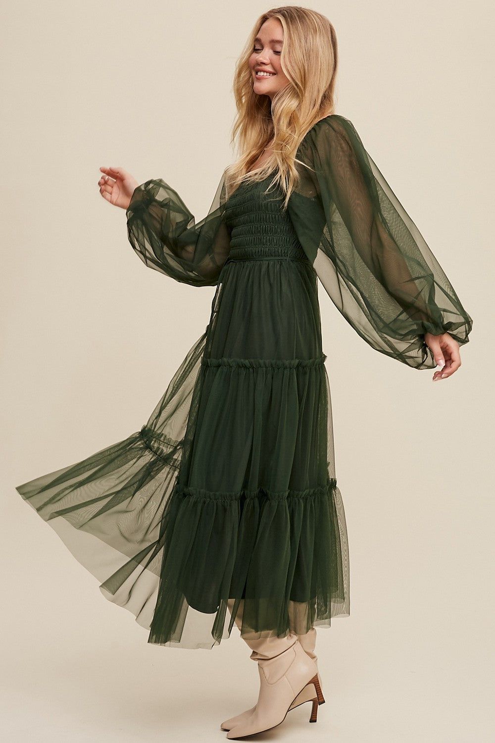 Green Mesh Tiered Long Sleeve Maxi Dress sold by Pinkblush product image thumbnail 3