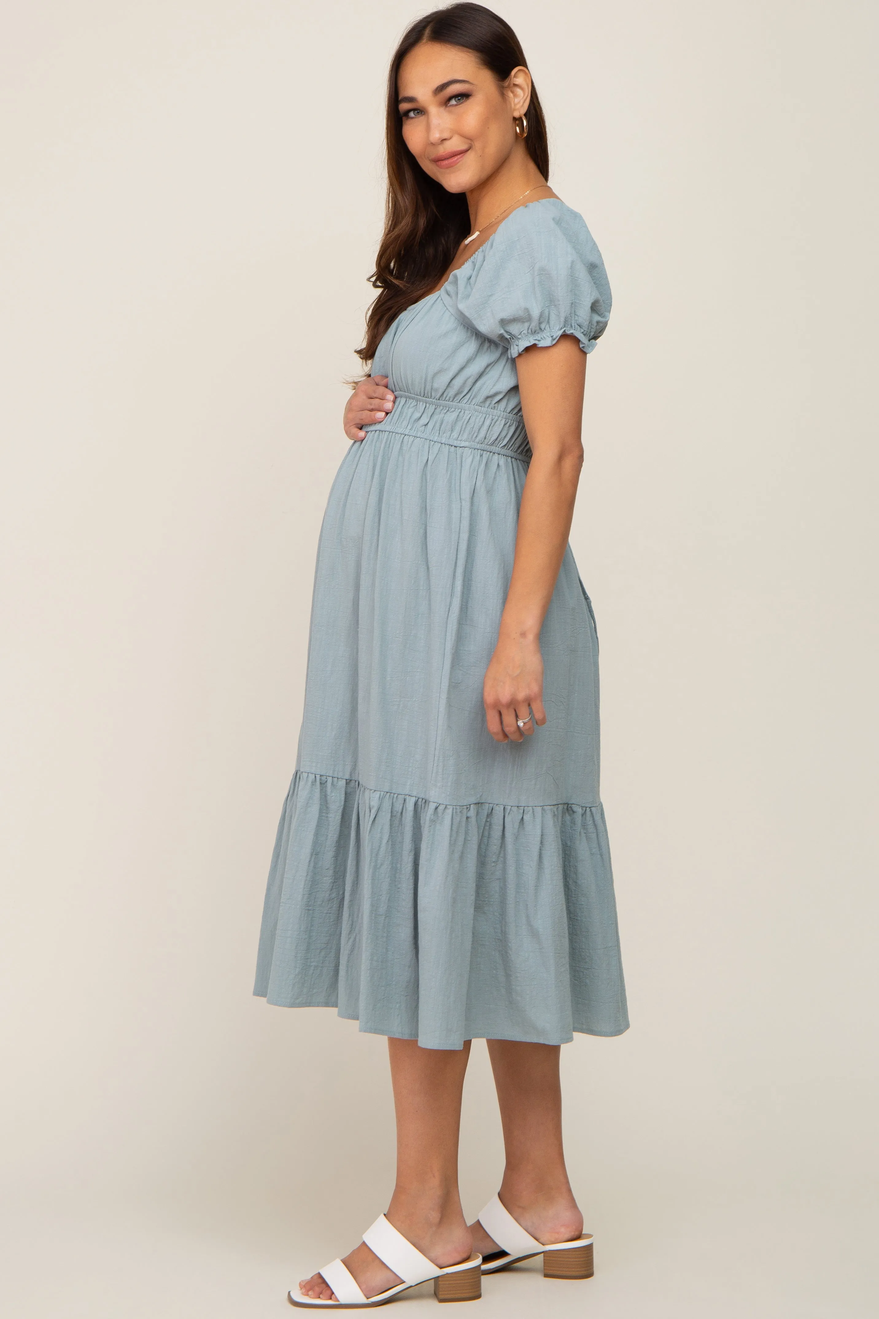 Mint Puff Sleeve Ruffle Hem Maternity Midi Dress sold by Pinkblush product image thumbnail 4
