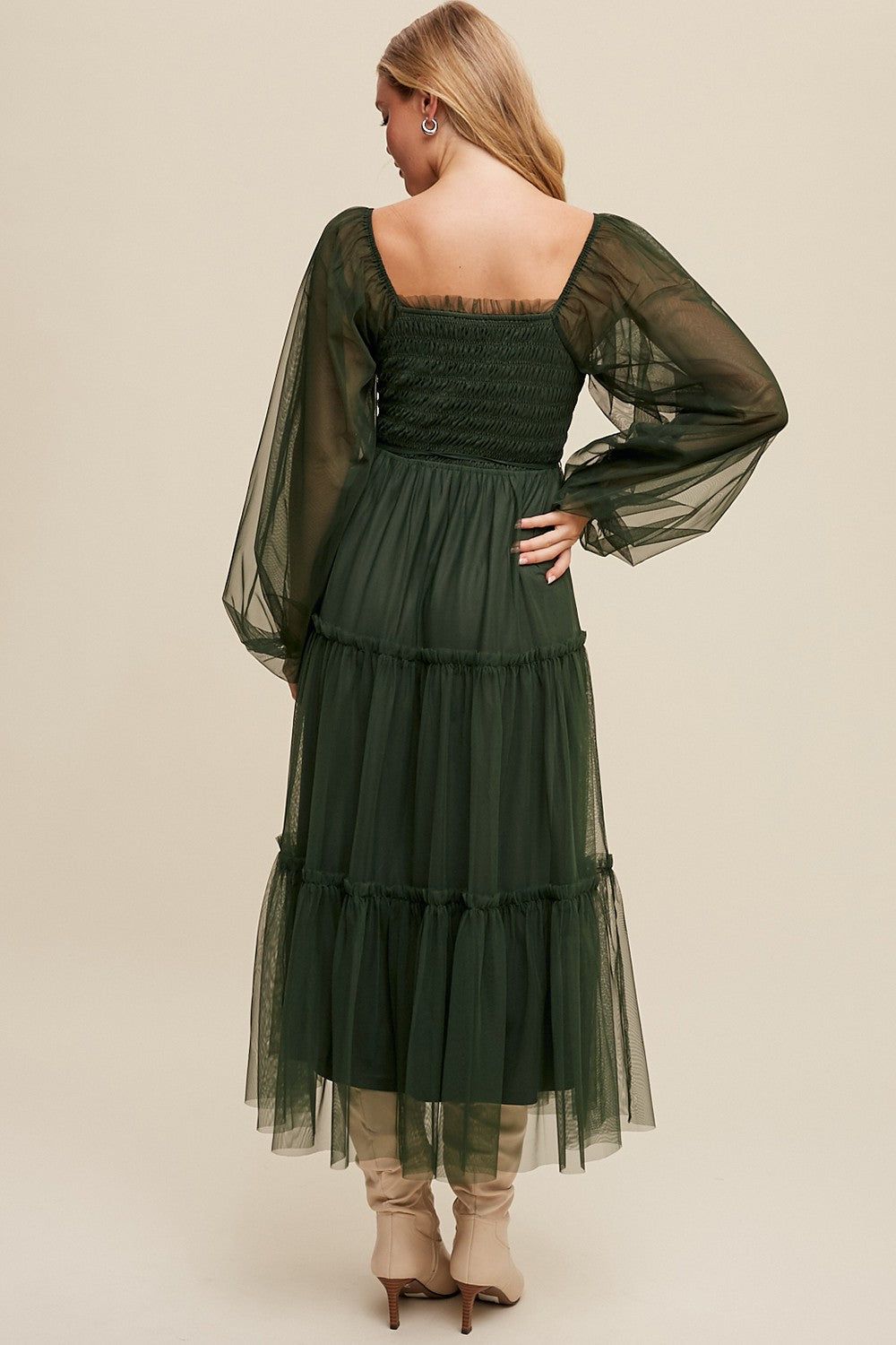 Green Mesh Tiered Long Sleeve Maxi Dress sold by Pinkblush product image thumbnail 4