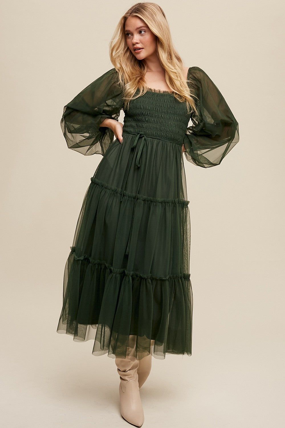 Green Mesh Tiered Long Sleeve Maxi Dress sold by Pinkblush