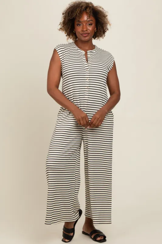 Black Striped Button Up Wide Leg Jumpsuit sold by Pinkblush