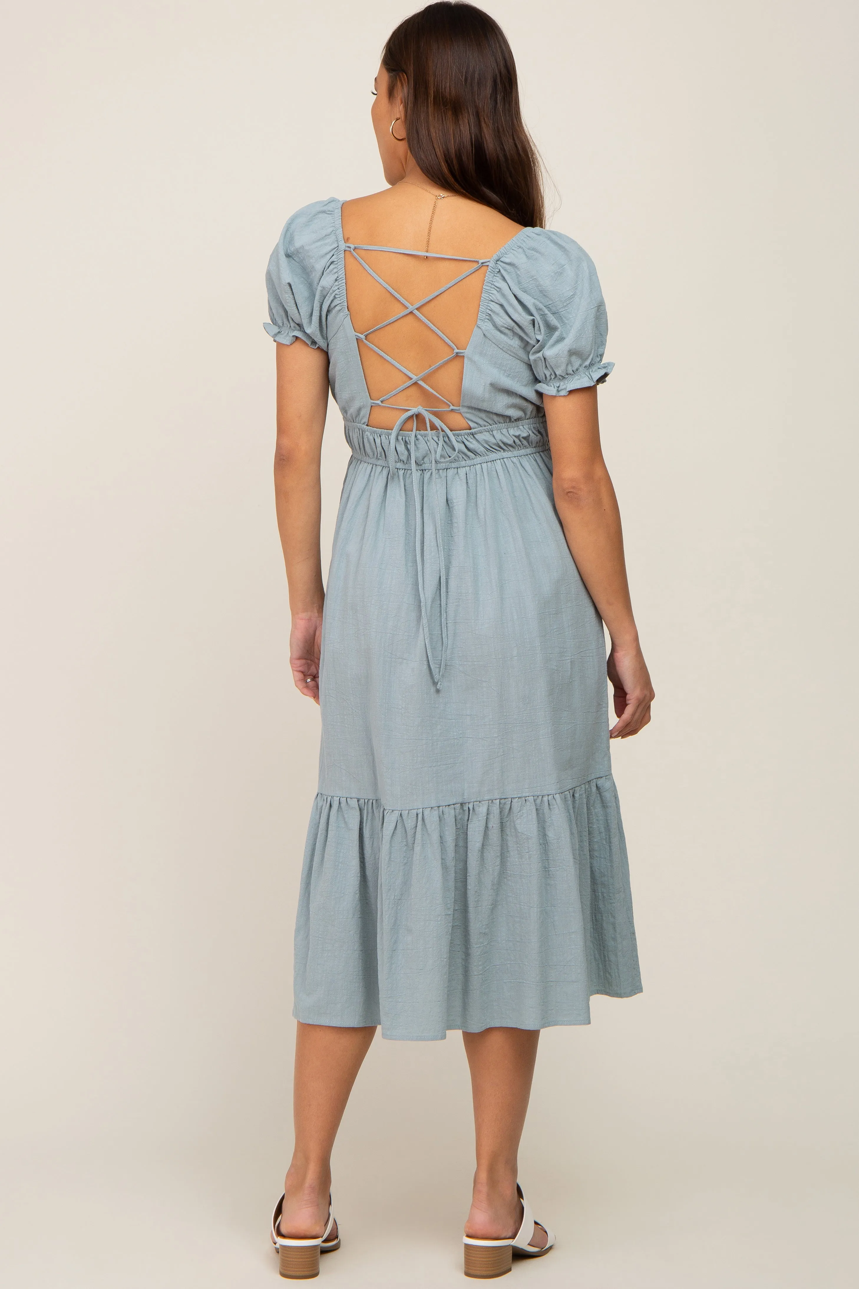 Mint Puff Sleeve Ruffle Hem Maternity Midi Dress sold by Pinkblush product image thumbnail 5