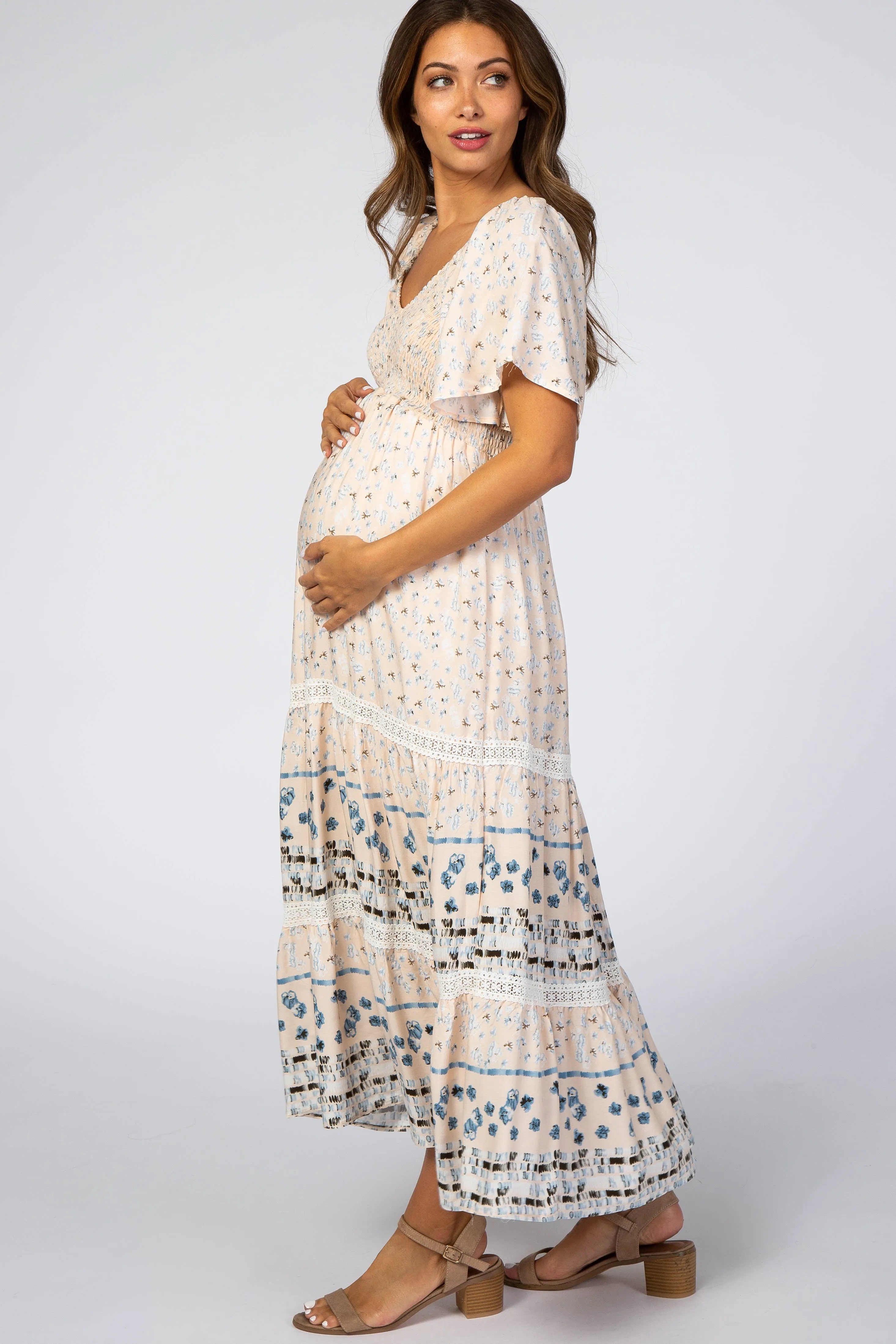 Cream Printed Smocked Maternity Midi Dress sold by Pinkblush product image thumbnail 2
