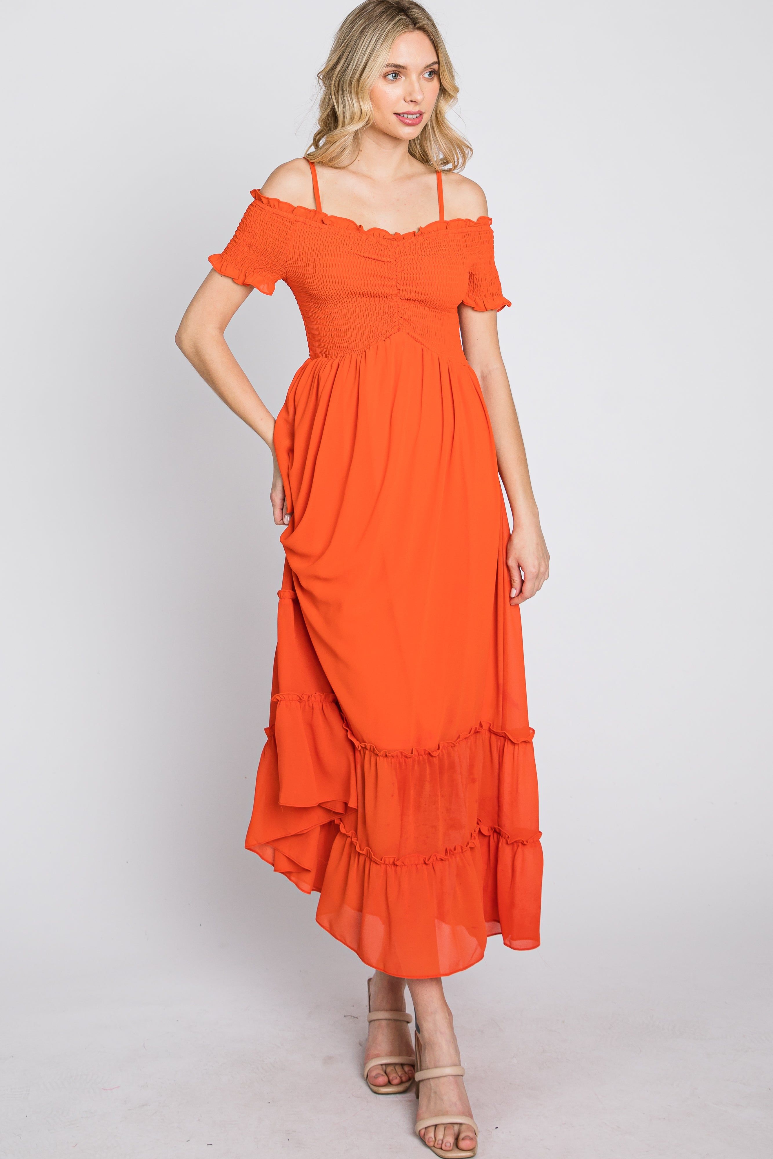 Orange Smocked Ruffle Off Shoulder Maxi Dress sold by Pinkblush product image thumbnail 3