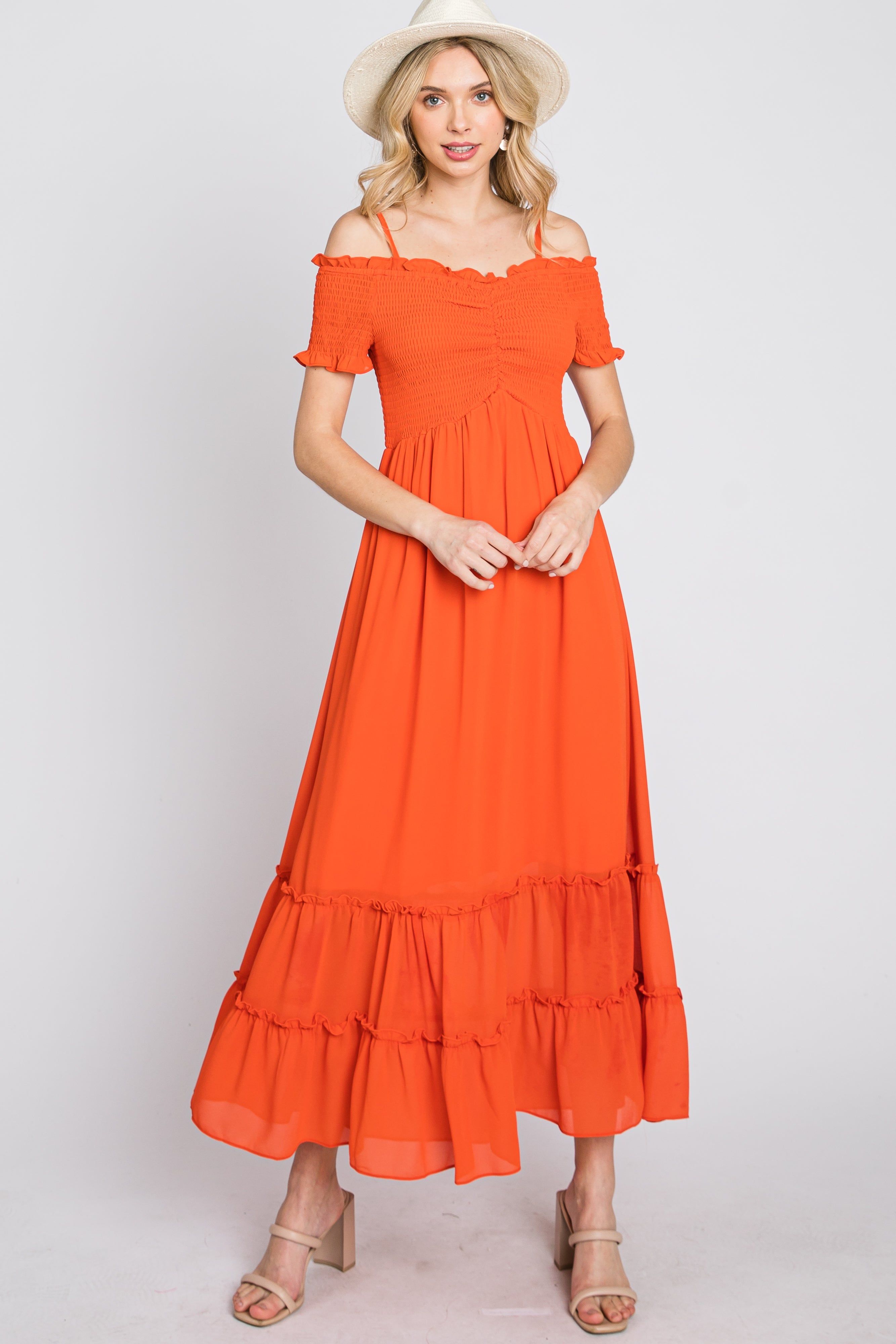 Orange Smocked Ruffle Off Shoulder Maxi Dress sold by Pinkblush