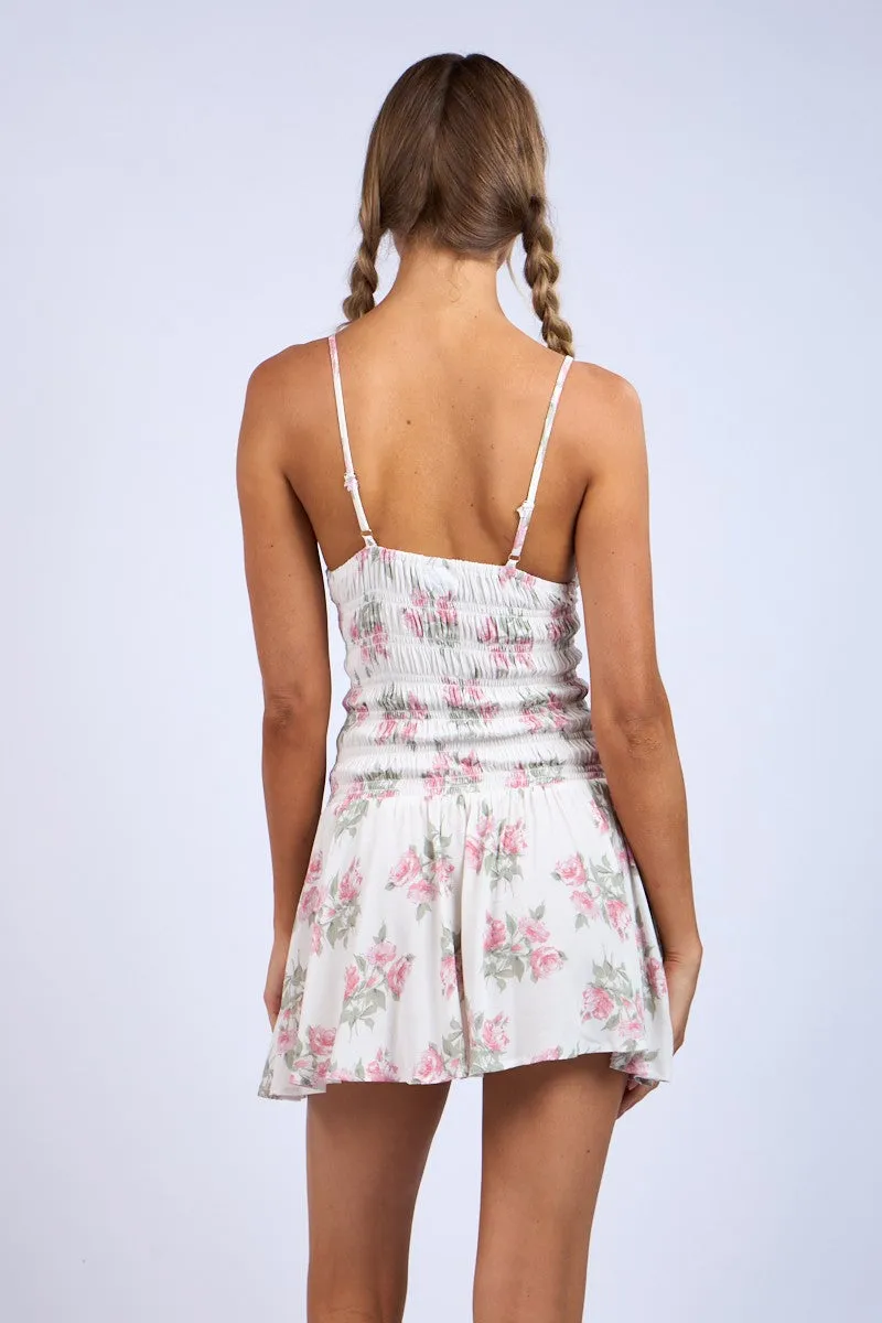 Pink Ivory Floral Smocked Body Lace Trim Mini Dress sold by Pinkblush product image thumbnail 5