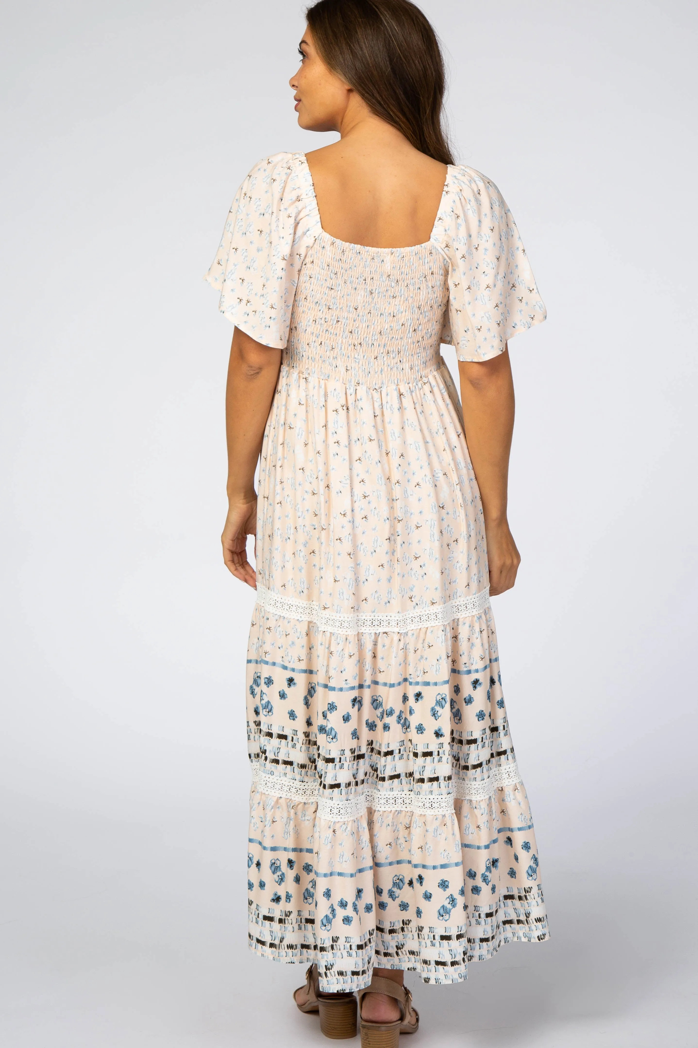 Cream Printed Smocked Maternity Midi Dress sold by Pinkblush product image thumbnail 3