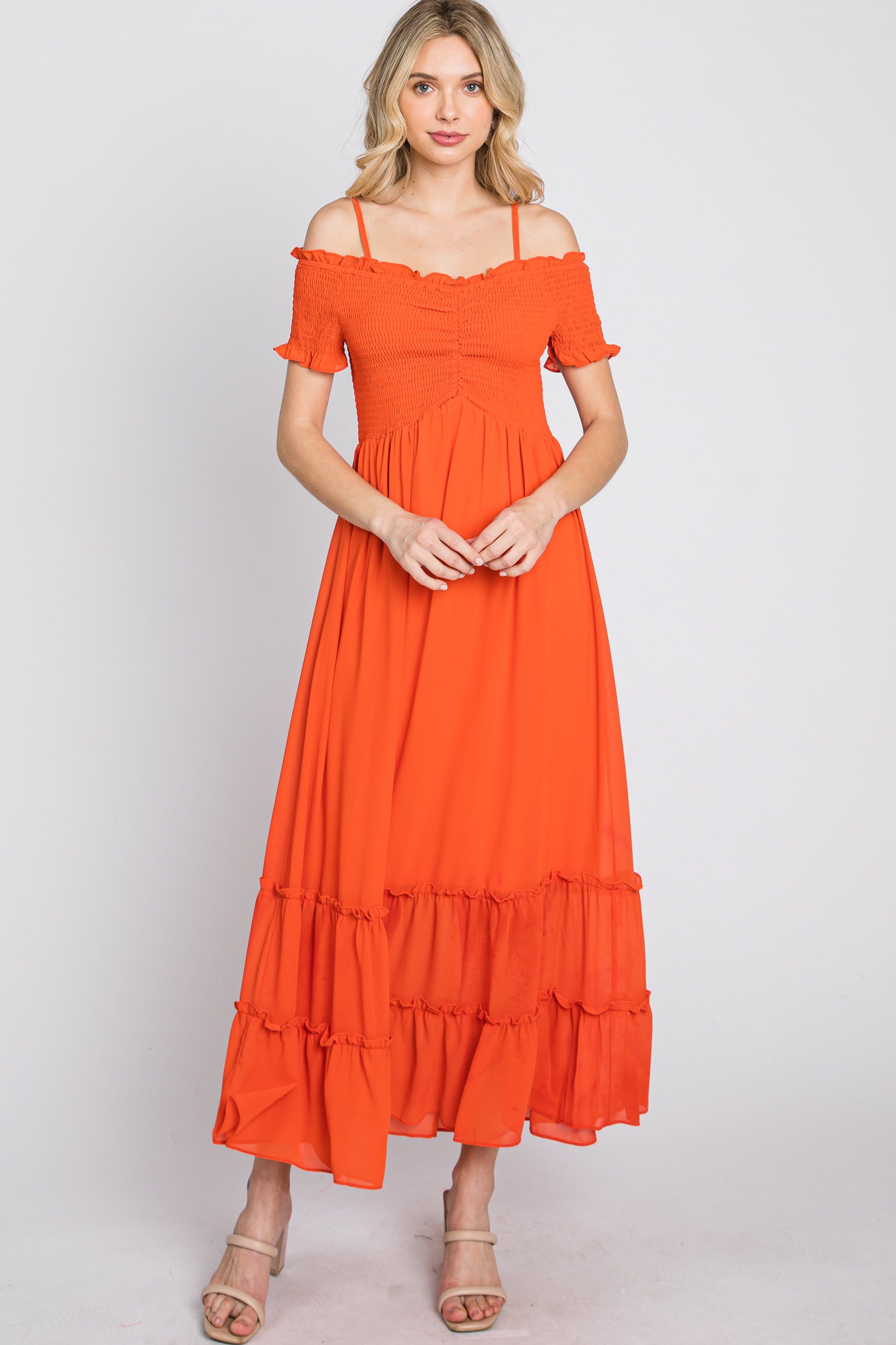 Orange Smocked Ruffle Off Shoulder Maxi Dress sold by Pinkblush product image thumbnail 4