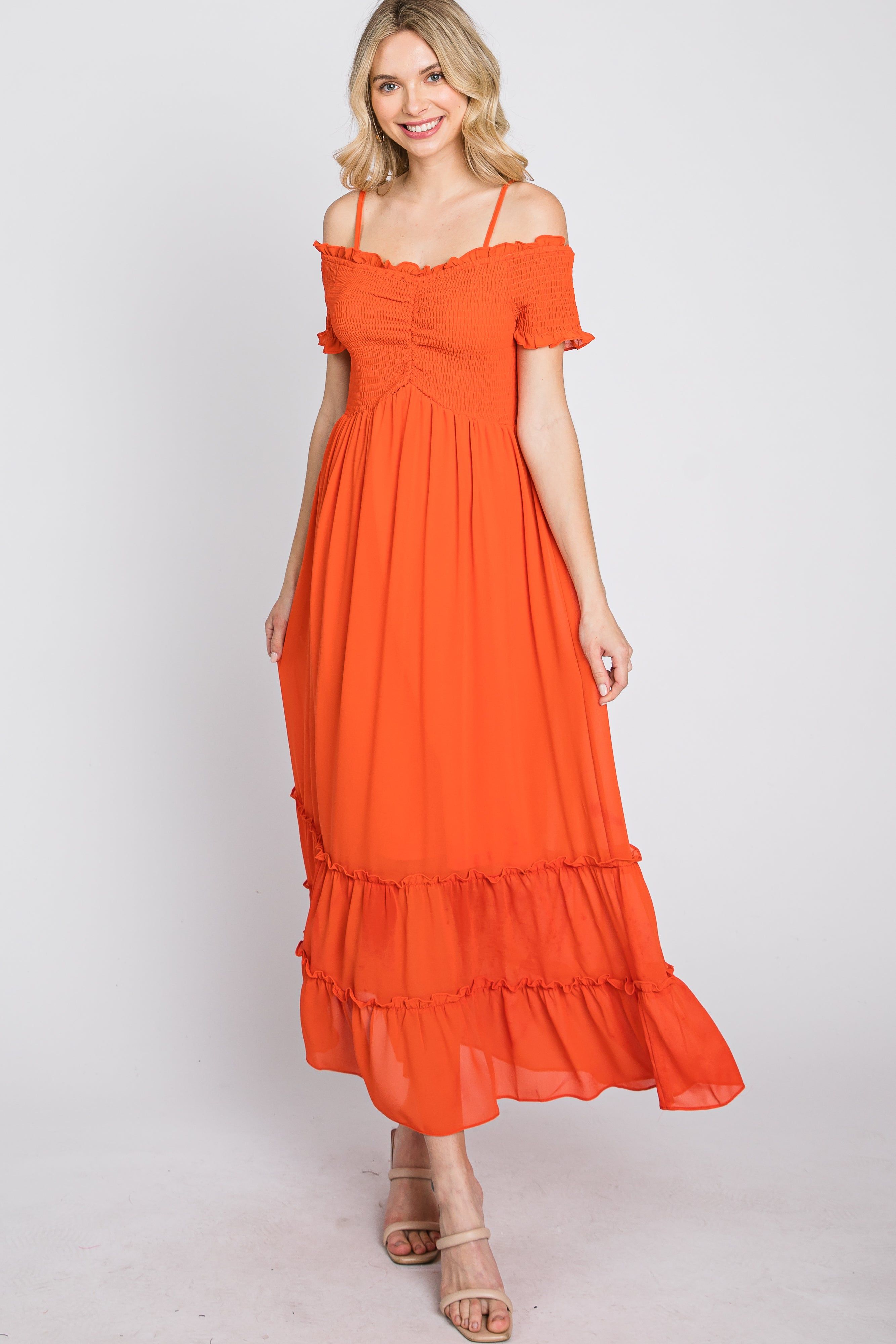Orange Smocked Ruffle Off Shoulder Maxi Dress sold by Pinkblush product image thumbnail 2