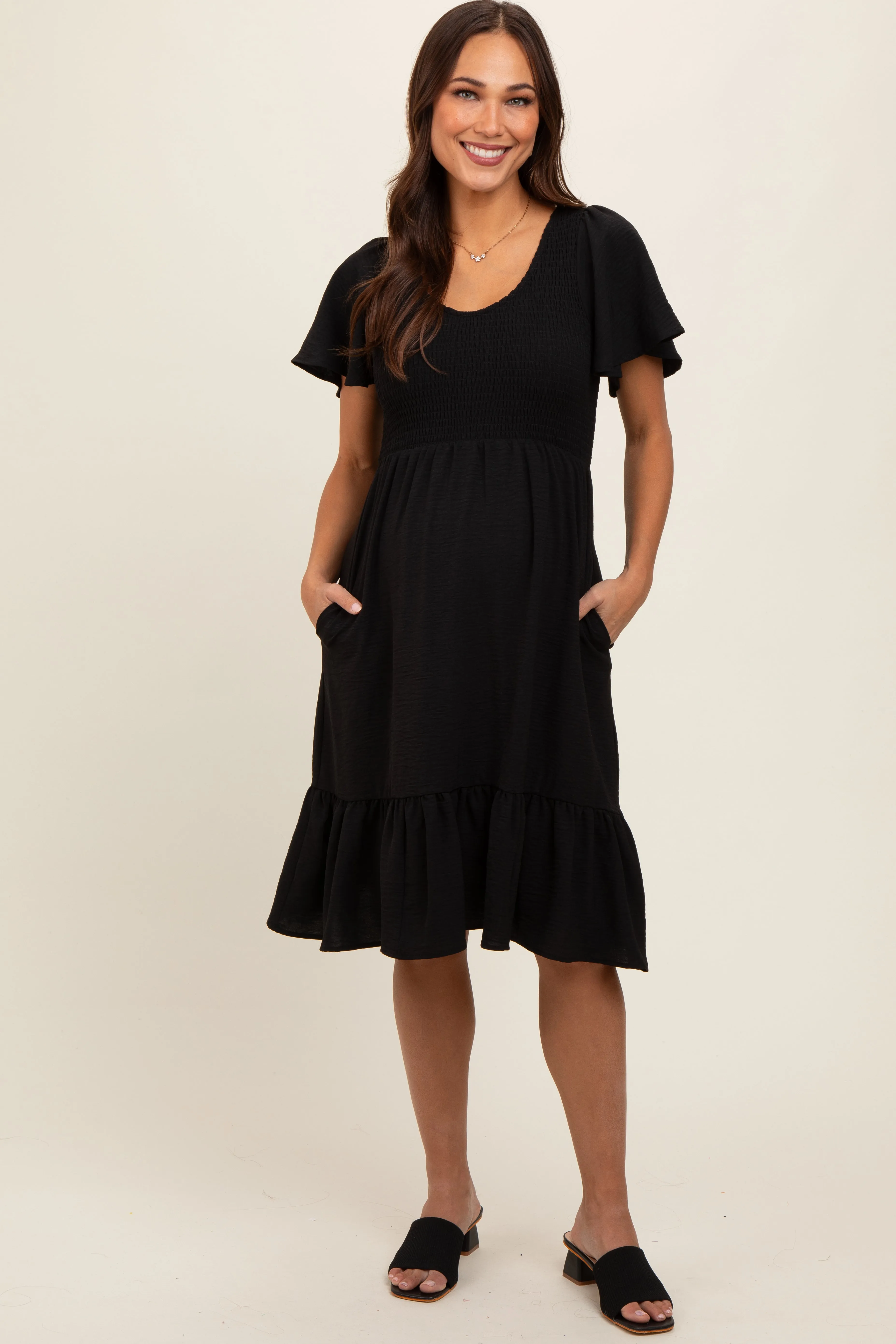 Black Smocked Ruffle Hem Maternity Dress sold by Pinkblush product image thumbnail 2
