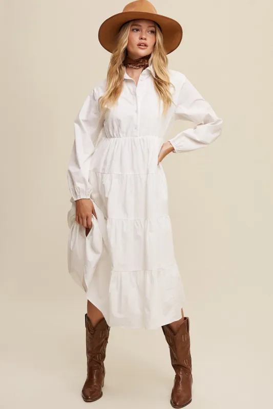 White Tiered Collared Midi Dress sold by Pinkblush