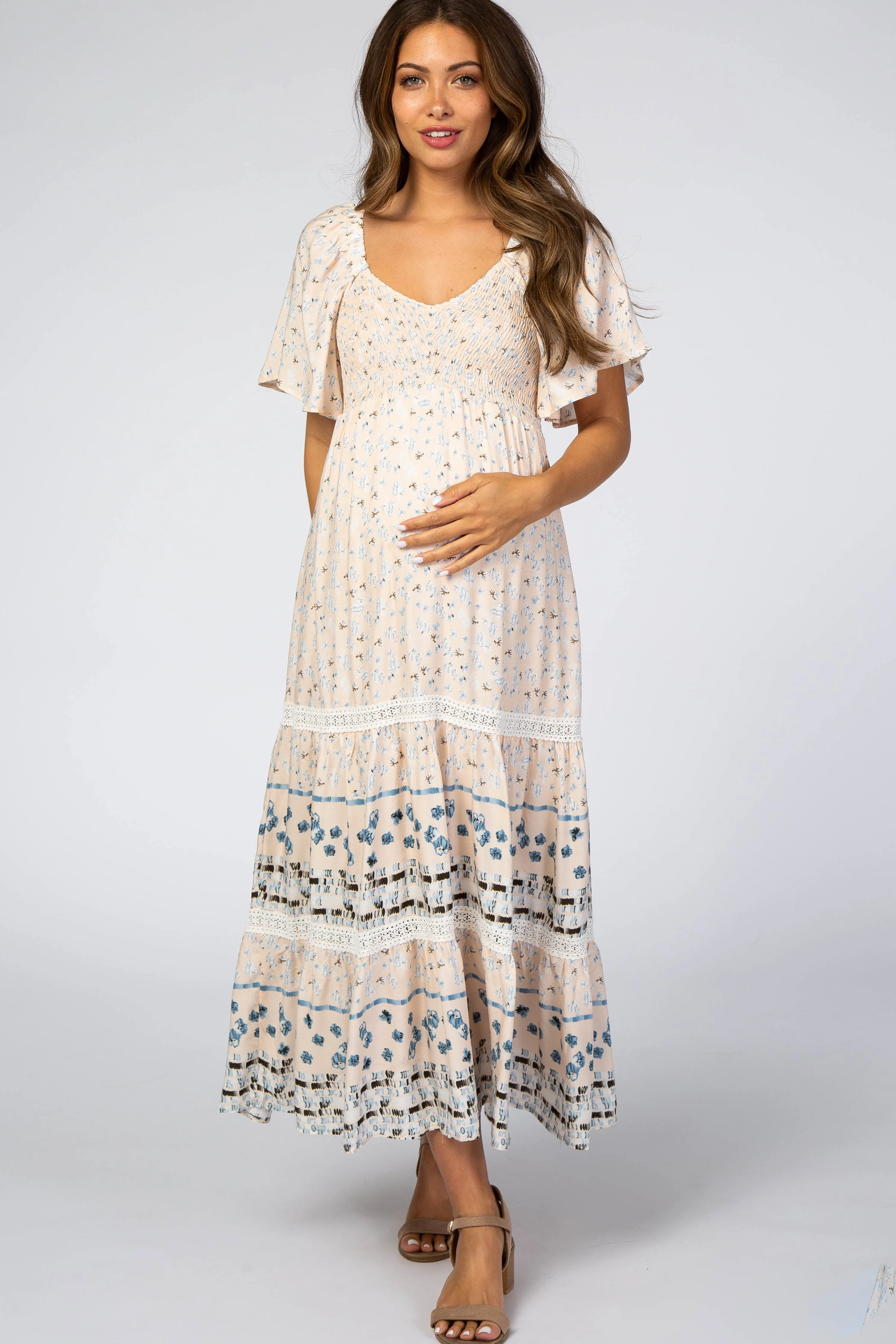 Cream Printed Smocked Maternity Midi Dress sold by Pinkblush