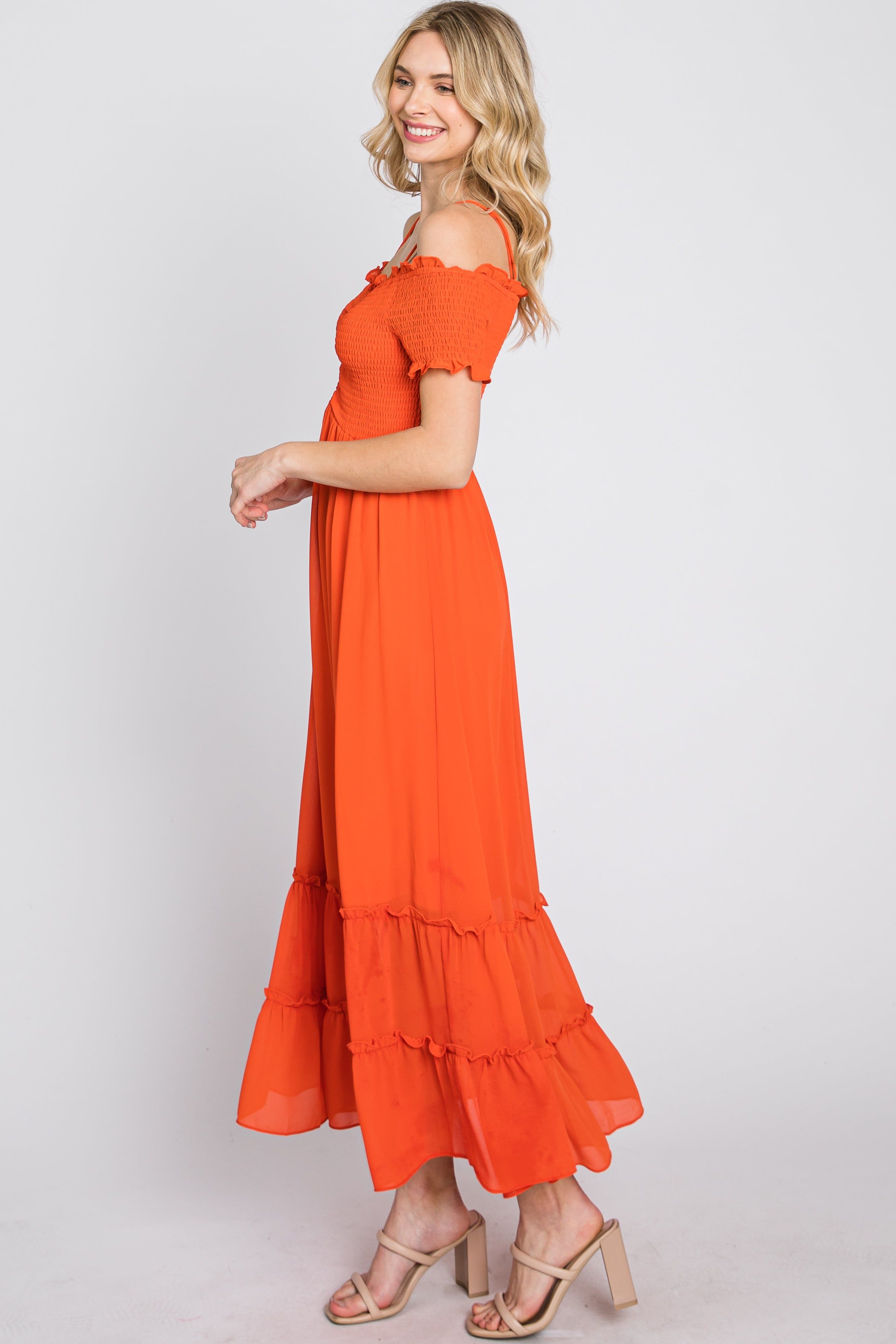 Orange Smocked Ruffle Off Shoulder Maxi Dress sold by Pinkblush product image thumbnail 5