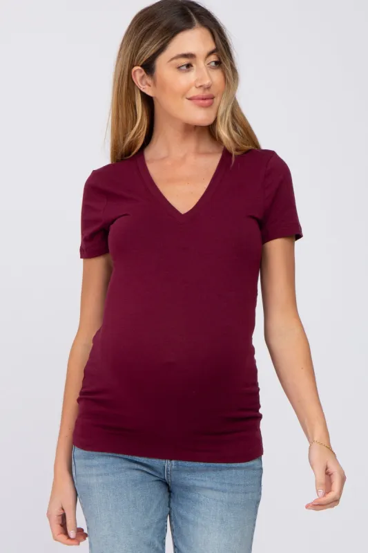 Burgundy V-Neck Short Sleeve Maternity Top sold by Pinkblush