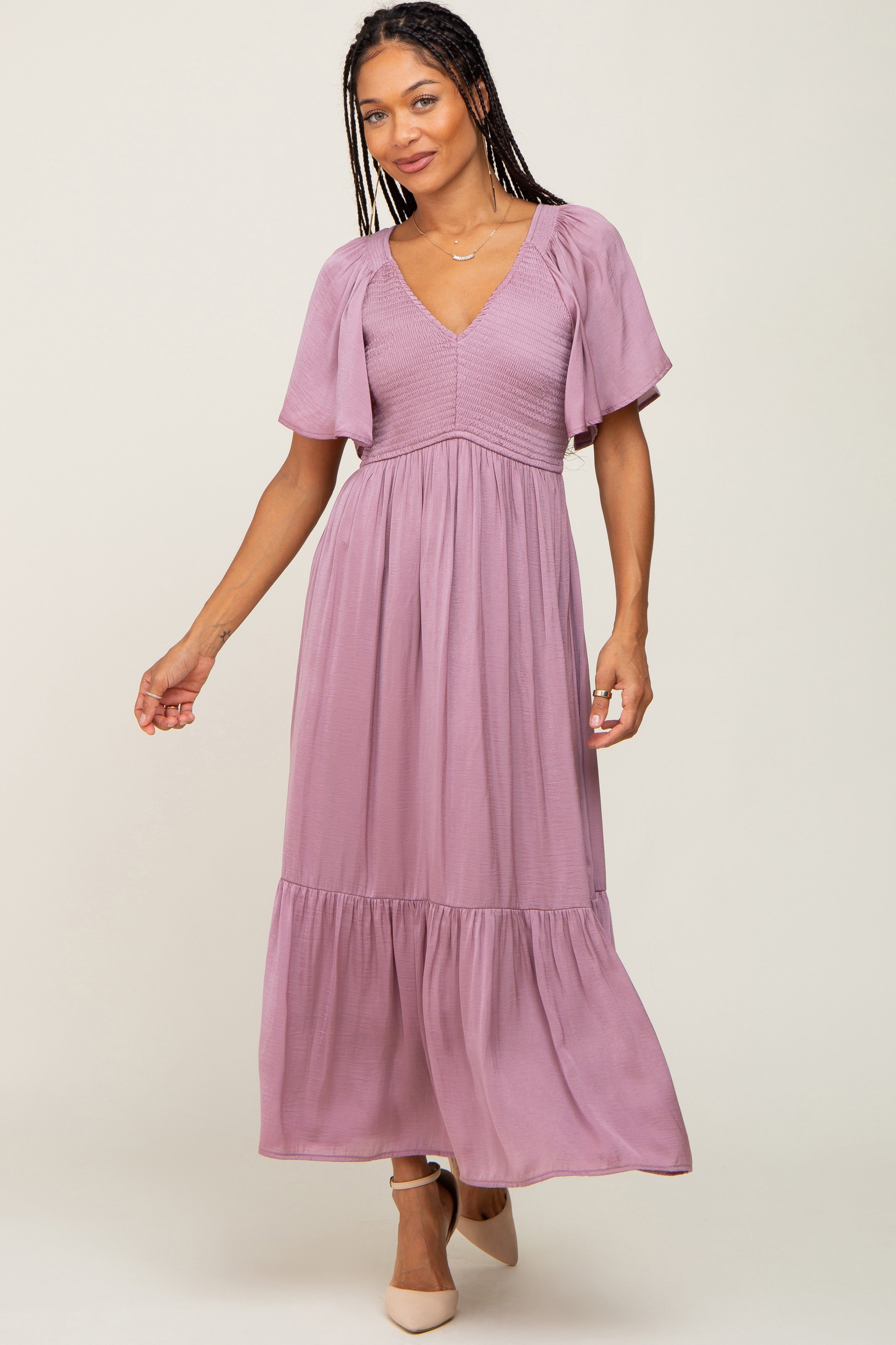 Mauve Satin Smocked Maternity Midi Dress sold by Pinkblush product image thumbnail 4