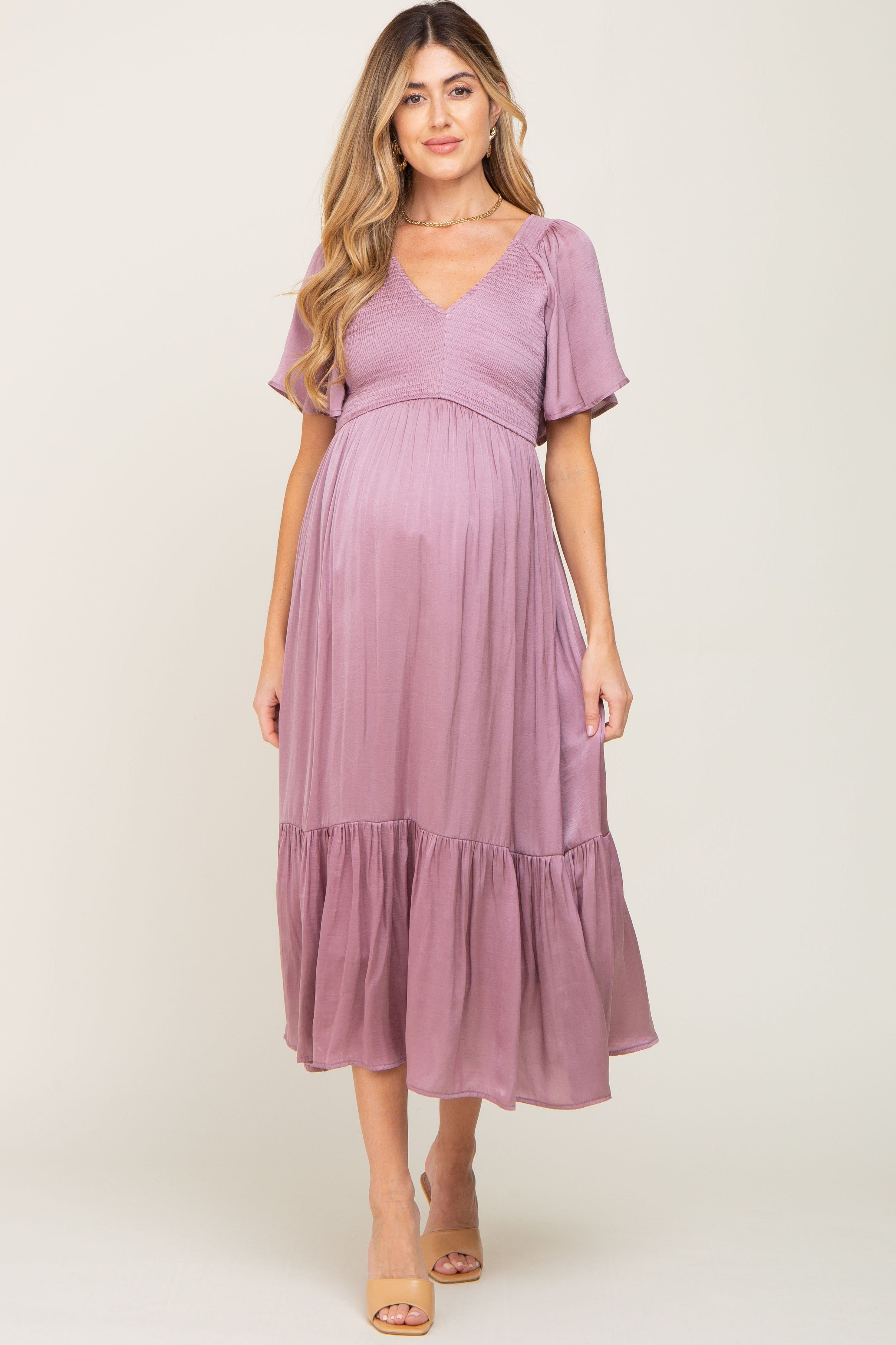 Mauve Satin Smocked Maternity Midi Dress sold by Pinkblush
