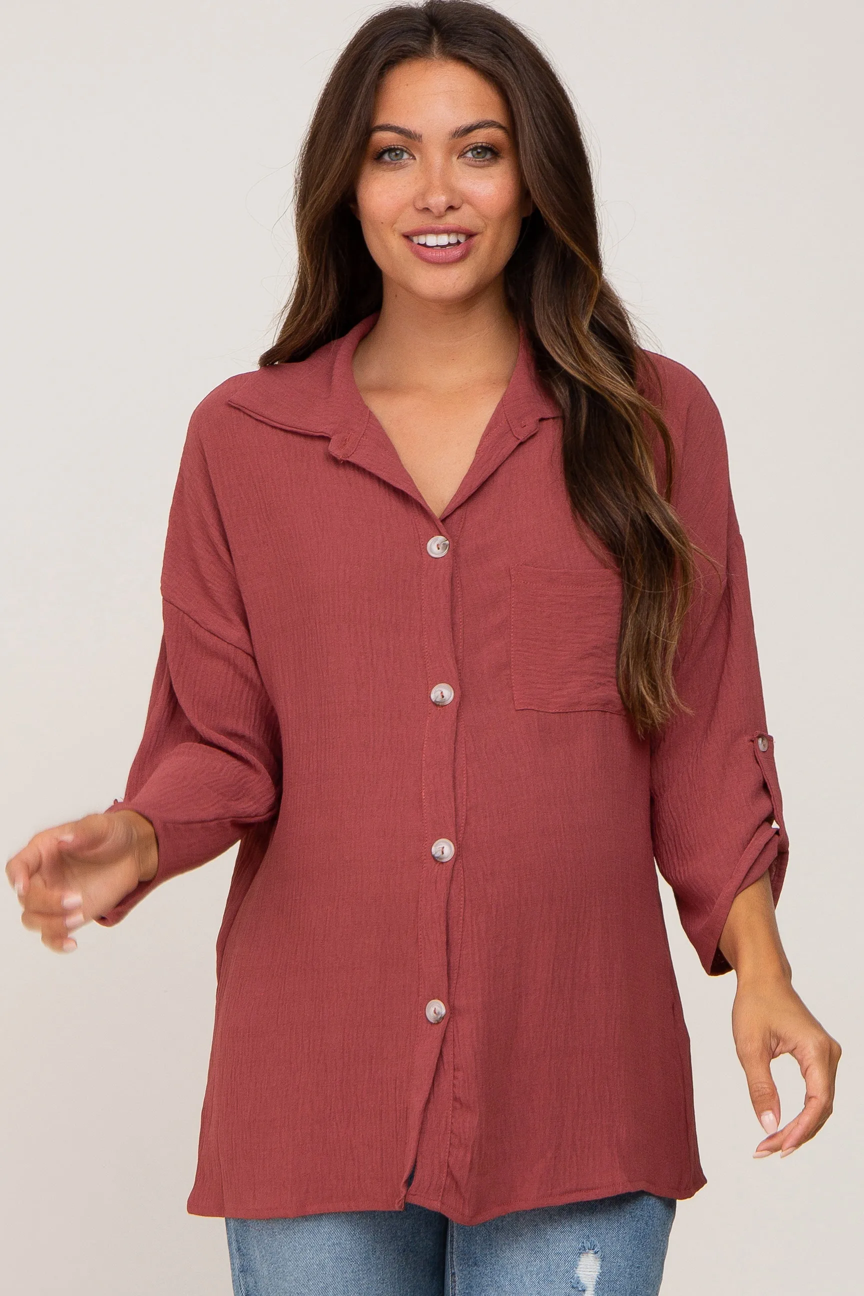 Burgundy Button Front Collared Maternity Blouse sold by Pinkblush