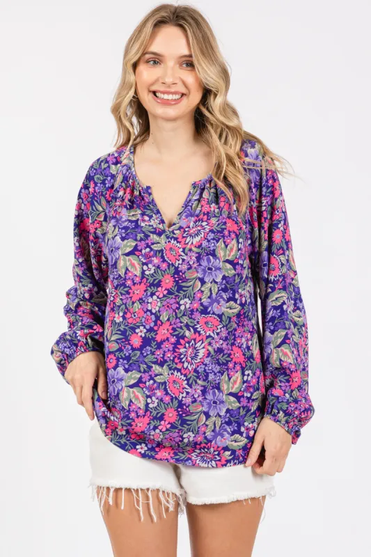 Purple Floral Long Sleeve Blouse sold by Pinkblush