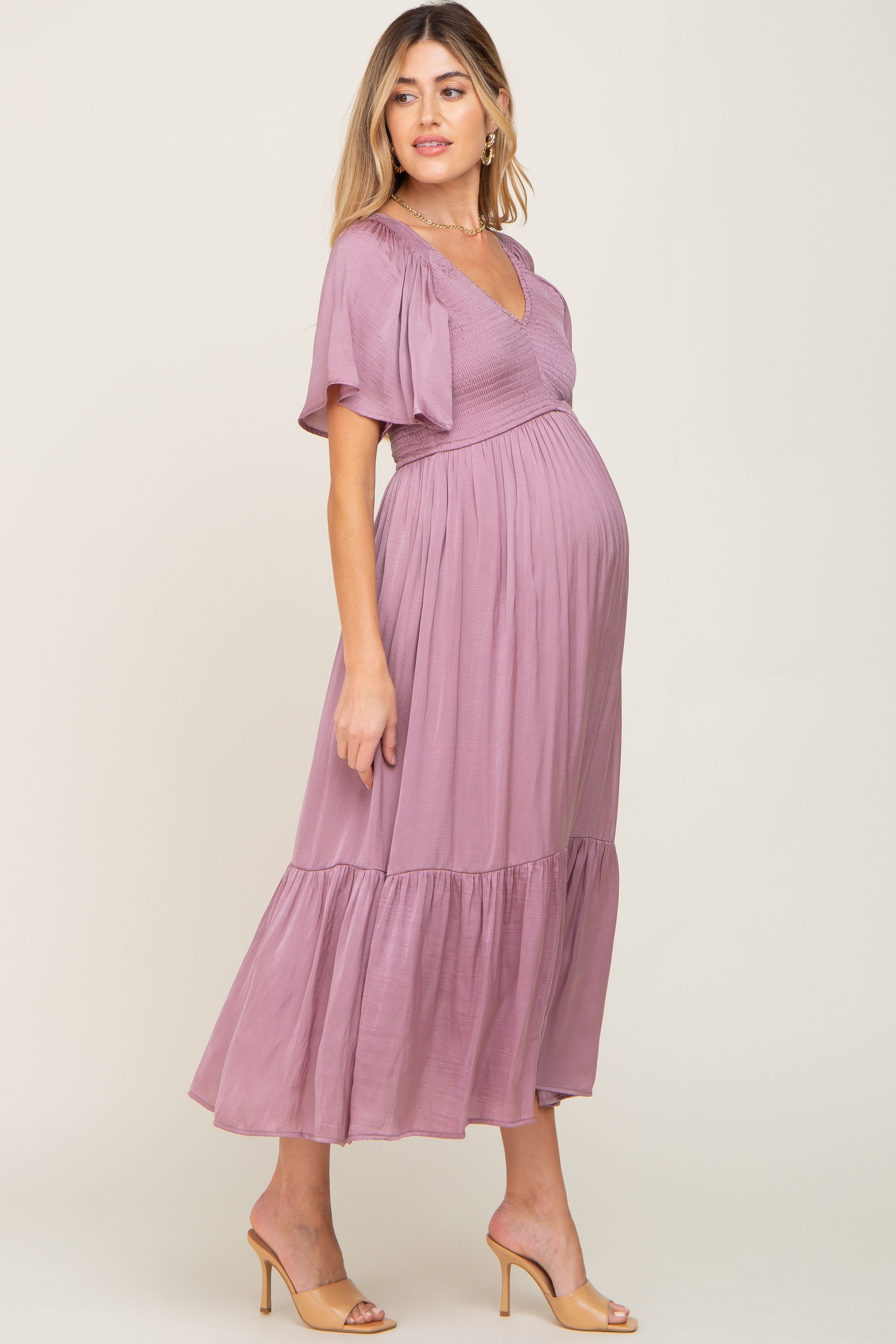Mauve Satin Smocked Maternity Midi Dress sold by Pinkblush product image thumbnail 2